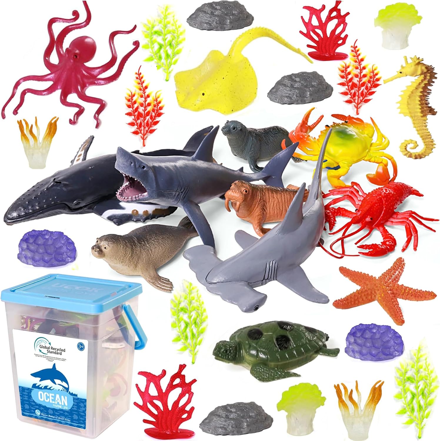 Ocean Sea Animal Figure Toys for Kids 3-5, Realistic Sea Life Figures Animal Creature Sand Toys Beach Bath Playset Include Shark Whale Corals Seagrass Crab Octopus Turtle for Toddler Boys & Girls