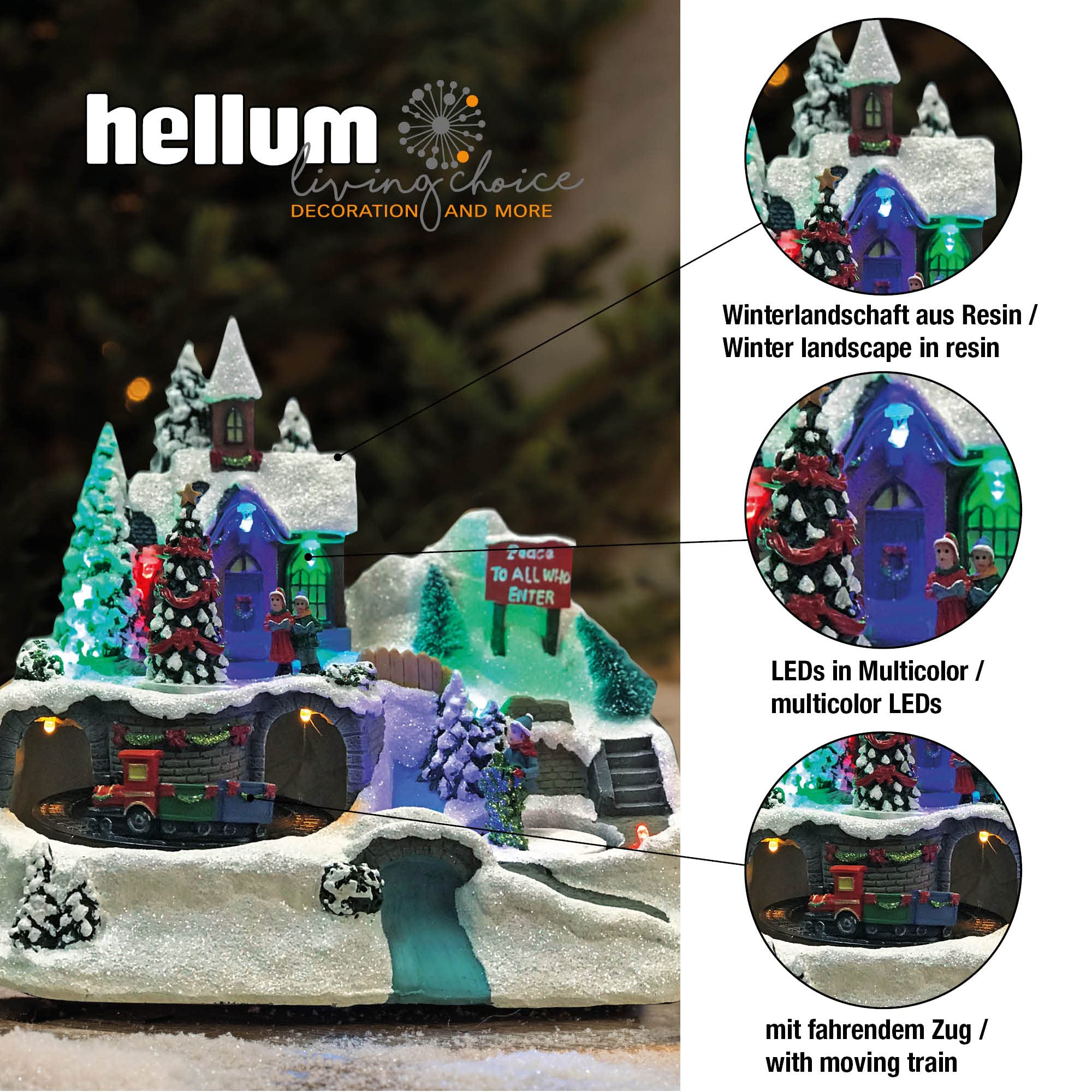 Hellum LED Weihnachtsdorf mit fahrendem Zug, Bergdorfszene im Fiberoptikstil, Weihnachtsdeko innen batteriebetrieben mit bunte Beleuchtung 3xAA 22x14x19cm 524390