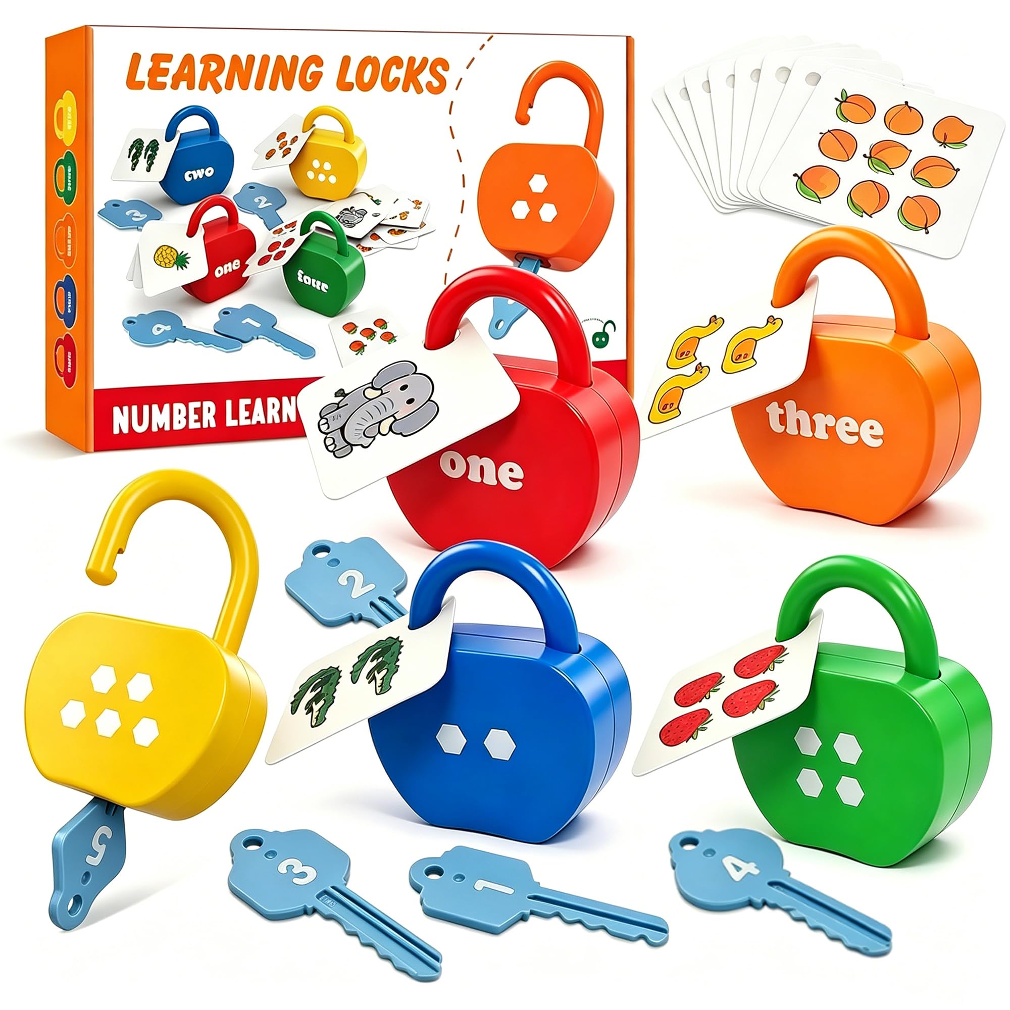 GEERAY Cause and Effect Toys for Toddlers 3 4 5, Montessori Lock & Key Set with 5 Apple-Shaped Locks, Keys & 10 Cards – Numbers Matching & Counting, Preschool Learning Games Gifts — image 1