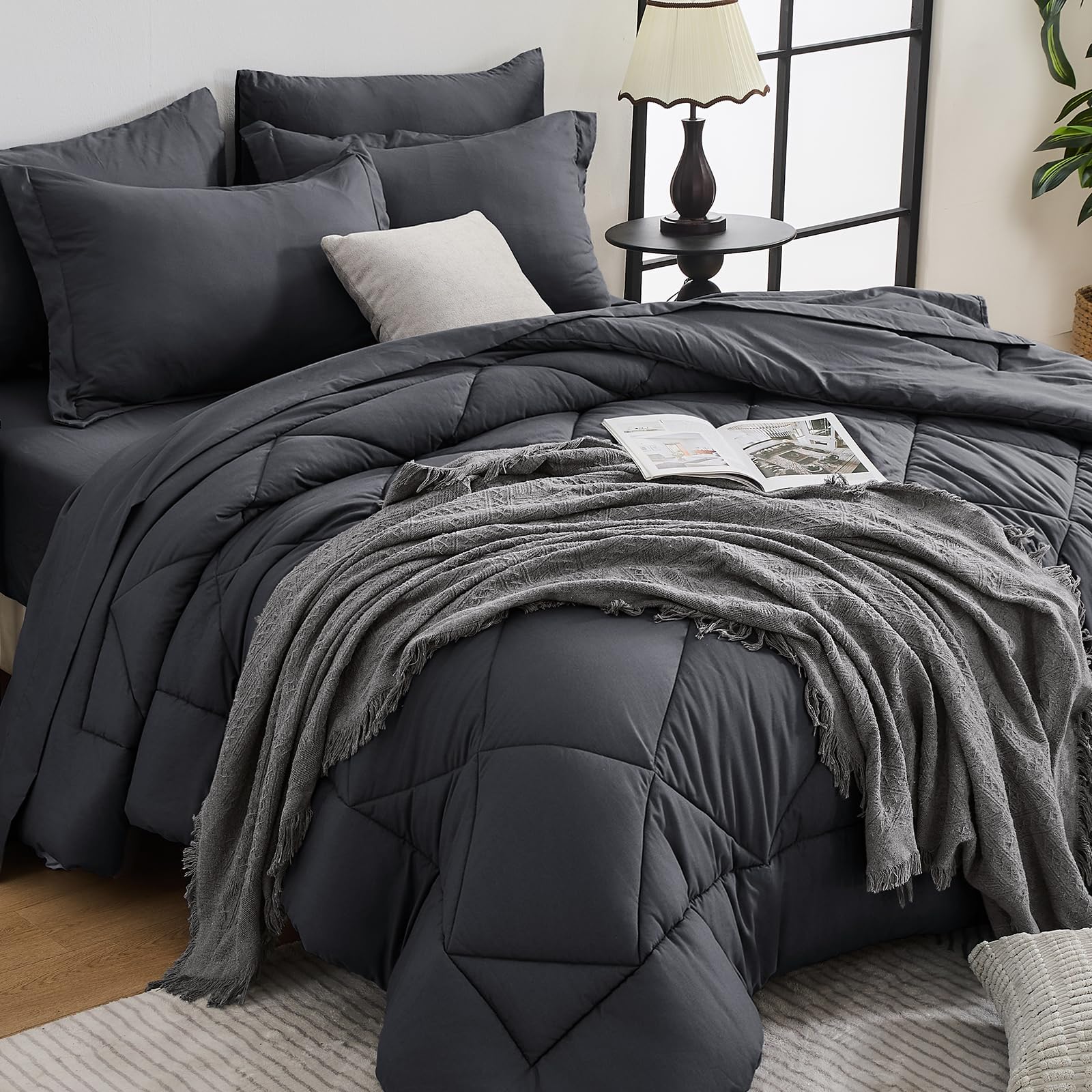 King Comforter Set - 7-Piece All Season Bed in a Bag King, Ultra Soft Bedding Set with Comforter, Flat Sheet, Fitted Sheet, Pillowcases, Pillow Shams, Dark Grey