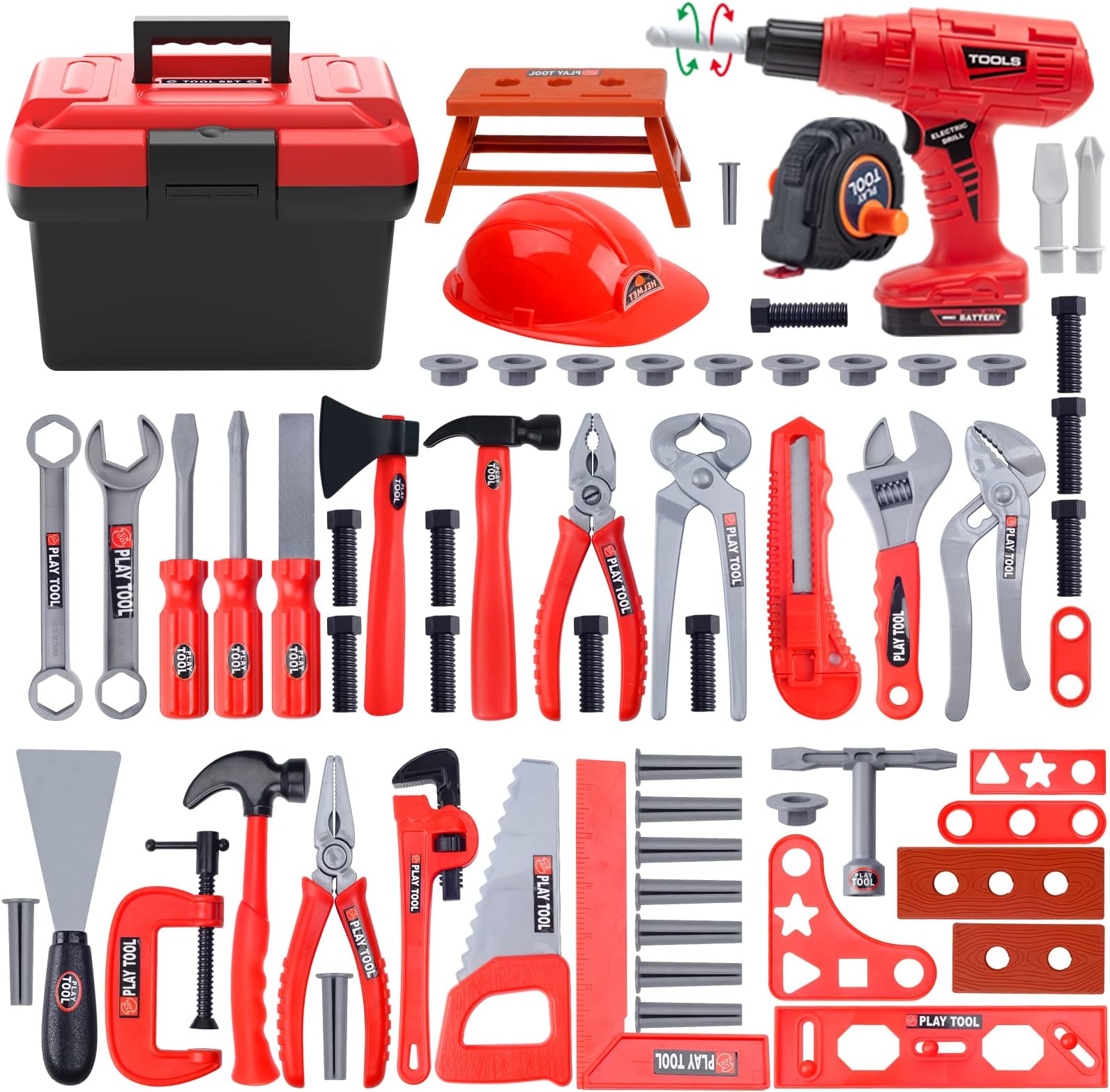 iKaufen Kids 68-Piece Toddler Tool Set with Tool Box & Electric Toy Drill - Pretend Play Construction Toy Set for Boys & Girls Ages 3-6