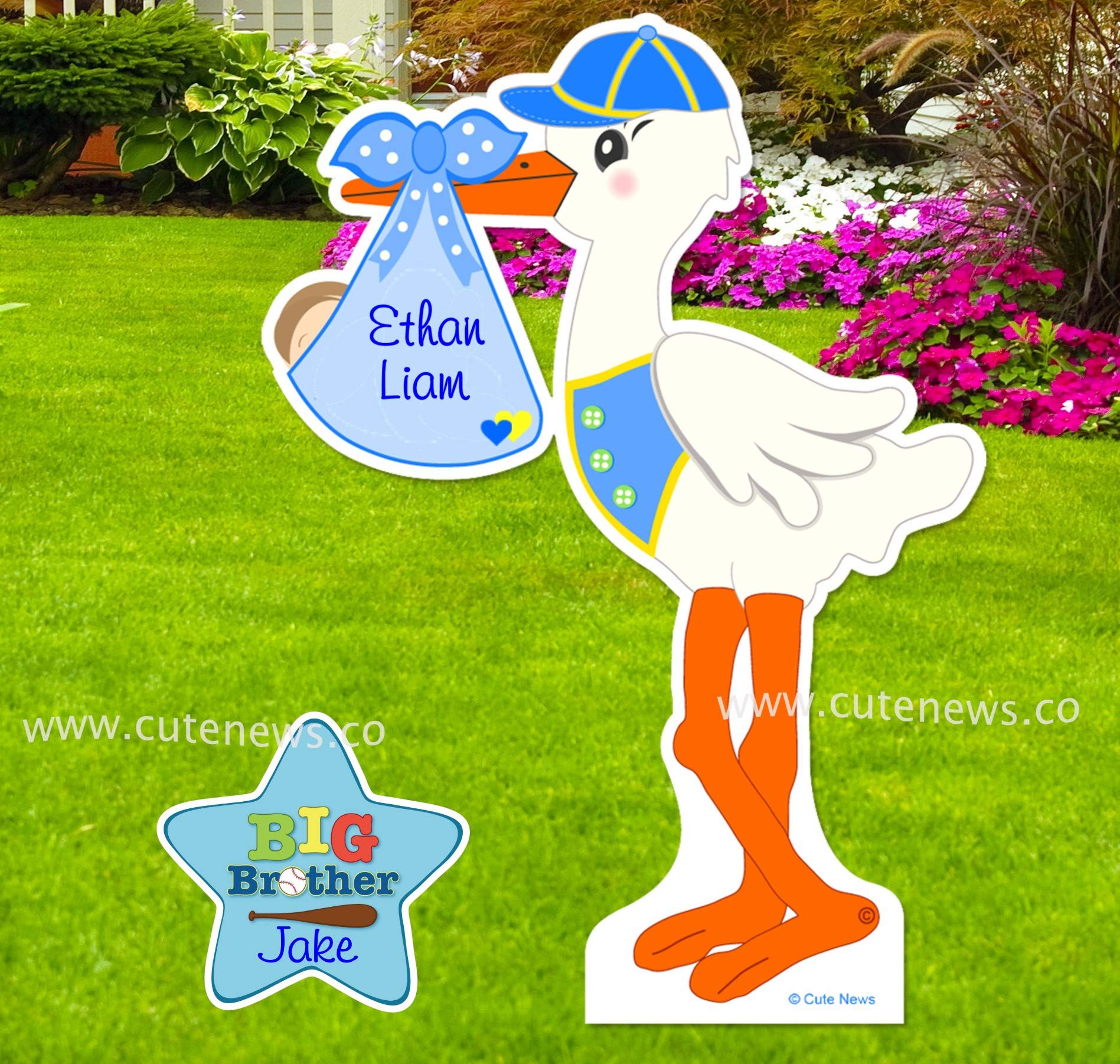 Cute News Welcome Home Baby Stork Sign, Its a Boy Lawn Decoration, Custom Birth Arrival & Big Brother Announcement, Personalized Newborn & Sibling Gift, Outdoor Shower Banner, 4 Ft Tall, Blue
