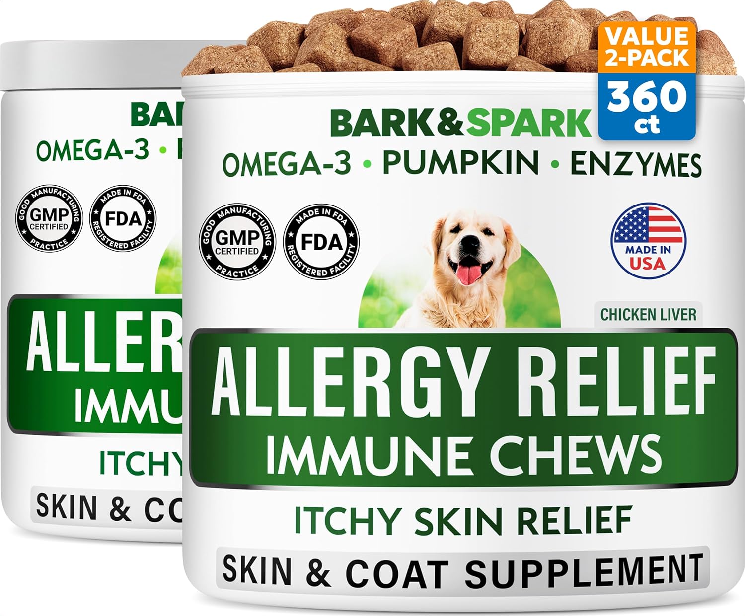 BARK&SPARK Dog Allergy Relief Soft Chews for Skin Health & Seasonal Allergies - Anti-Itch Supplement w/Omega-3, Quercetin & Bromelain Immune Treats for Dry Skin & Hot Spots - Chicken Liver - 240ct