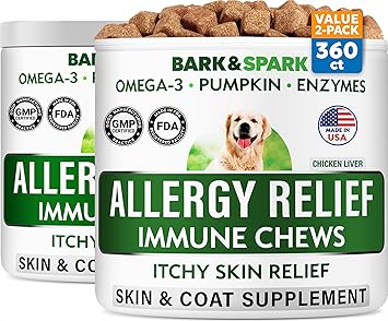 BARK&SPARK Dog Allergy Relief Soft Chews for Skin Health & Seasonal Allergies - Anti-Itch Supplement w/Omega-3, Quercetin & Bromelain Immune Treats for Dry Skin & Hot Spots - Chicken Liver - 360ct
