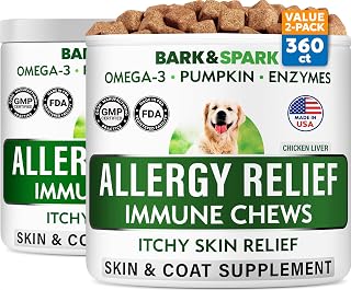 BARK&SPARK Dog Allergy Relief Soft Chews for Skin Health & Seasonal Allergies - Anti-Itch Supplement w/Omega-3, Quercetin & Bromelain Immune Treats for Dry Skin & Hot Spots - Chicken Liver - 360ct