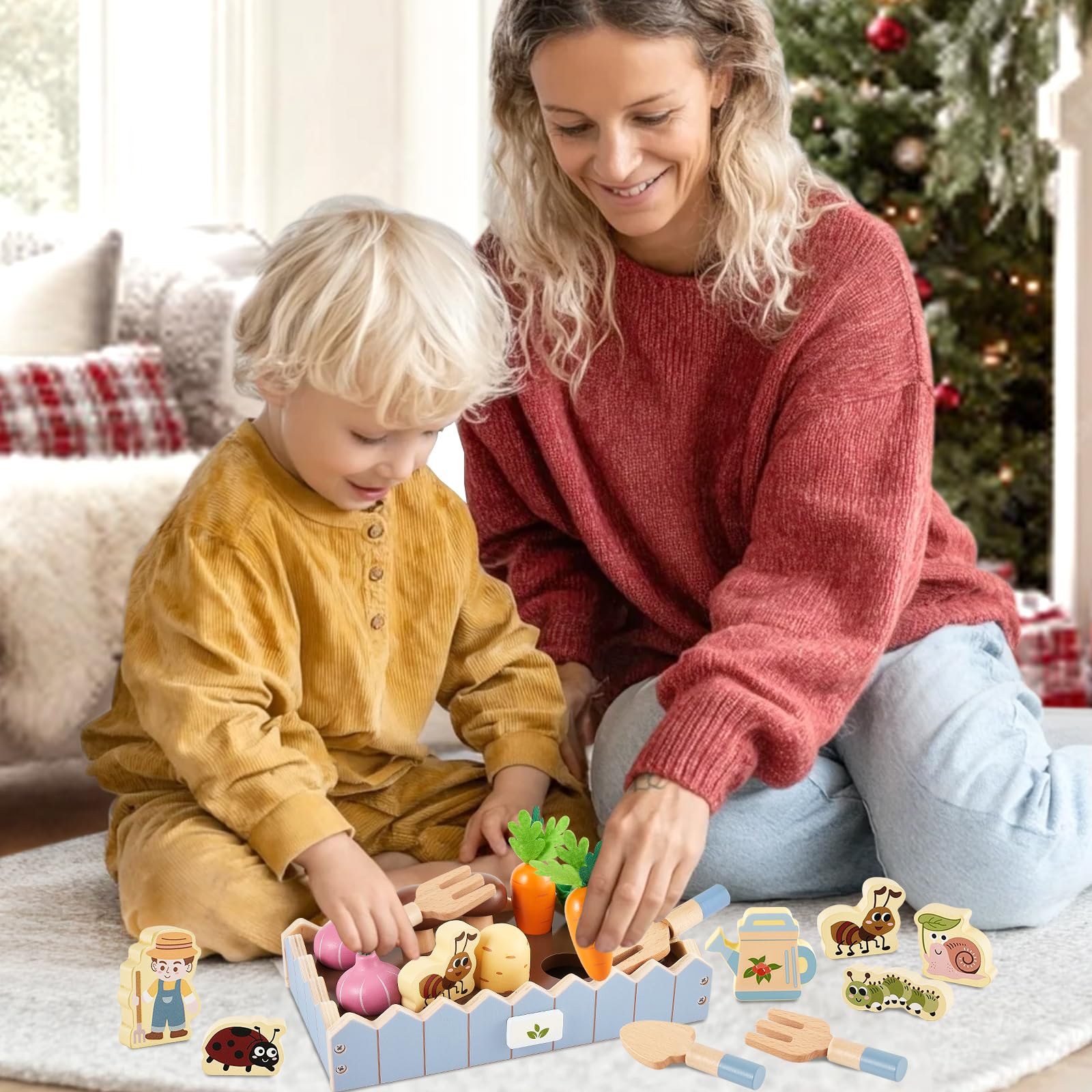 HERSITY Giochi in Legno per Bambini, Fattoria Giocattolo con Verdure Insetto, Gioco di Finzione Regalo Bambino Bambina per 2 3 Anni (Blu)