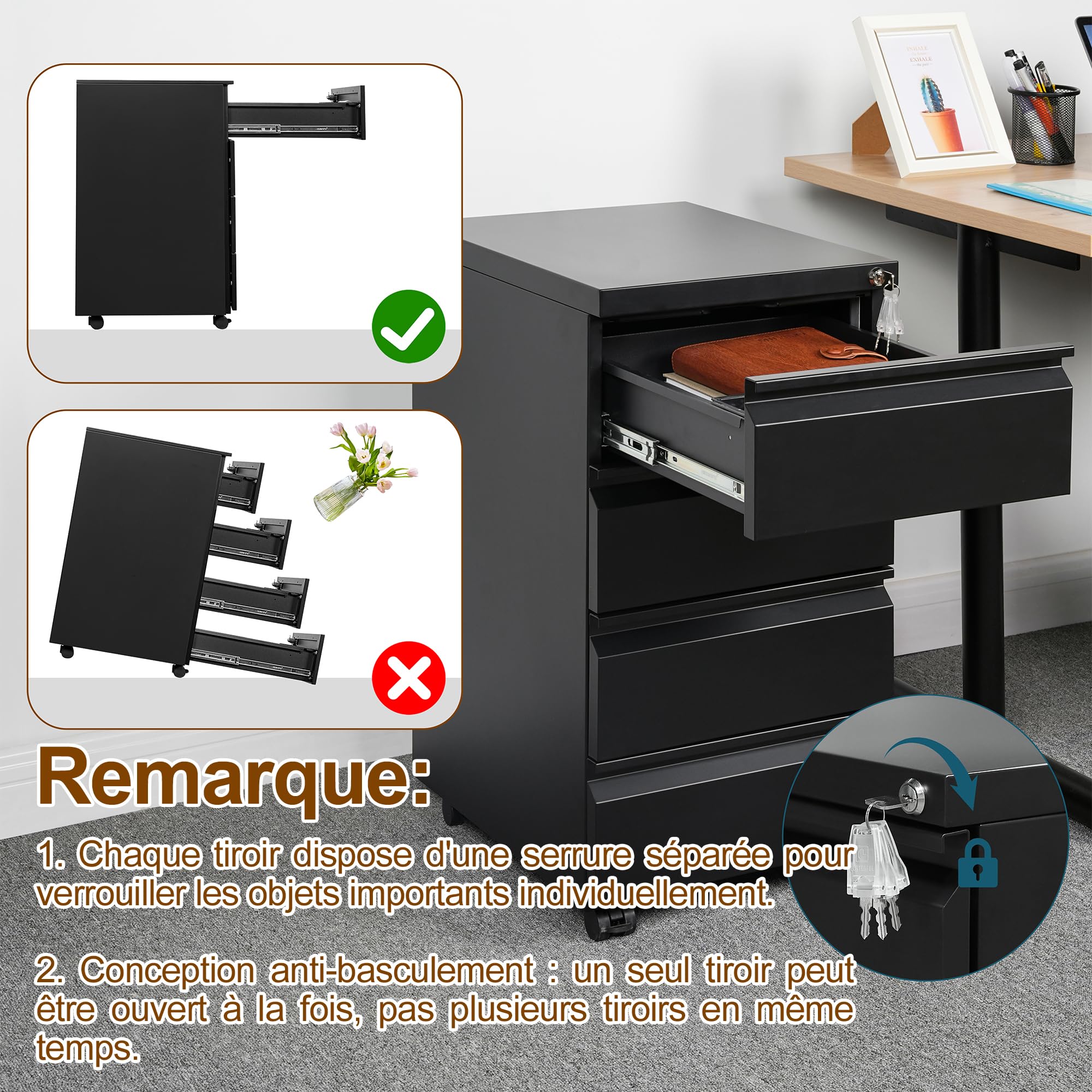 Caisson de Bureau Metal, Caisson de Rangement Mobile, Caisson à 4 Tiroirs, Meuble de Rangement Bureau, avec Serrure, 4 Clés, Prémonté, Noir