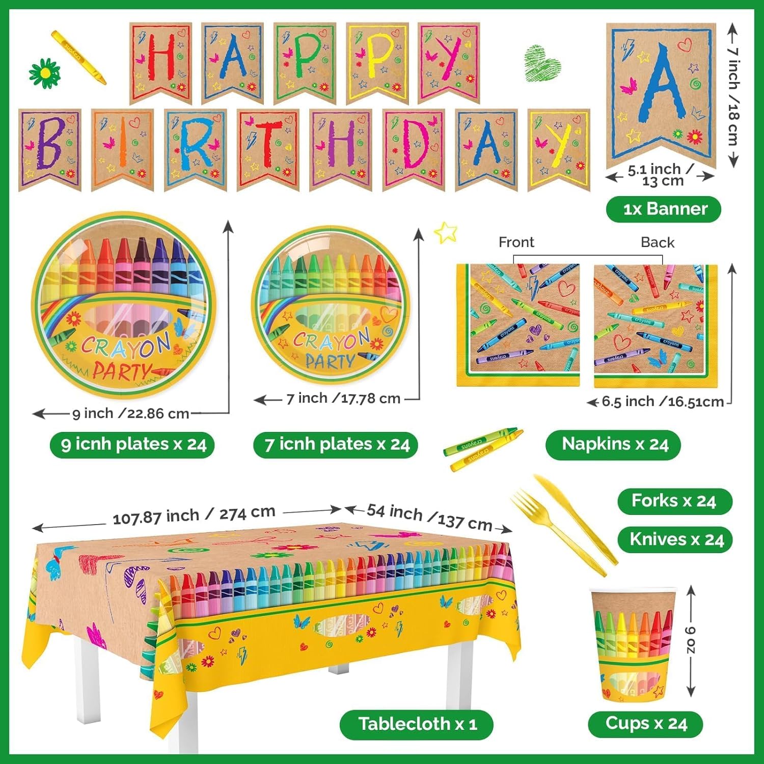 146pcs Crayon Birthday Party Decorations, Crayon Themed Party Supplies Colorful Tableware Include Plates and Napkins Cups Tablecloth, Serves 24