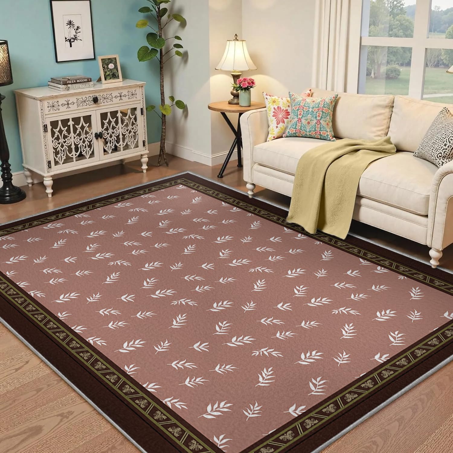 Tapis botanique minimaliste beige 160x230 cm lavable et moderne