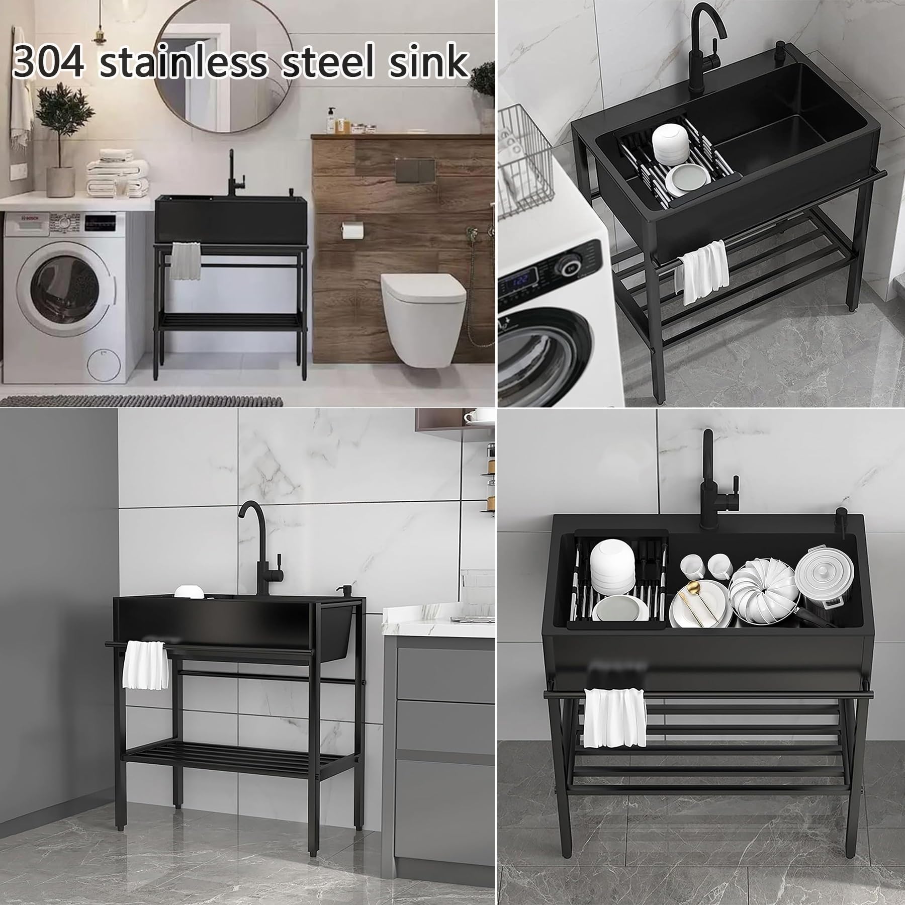 Edelstahl Spültisch mit Armatur freistehend, 80x45x86cm Nano Spülbecken Schwarz mit Unterschrank für Outdoor Küche & Garage, Höhenverstellbares Gastro Waschbecken