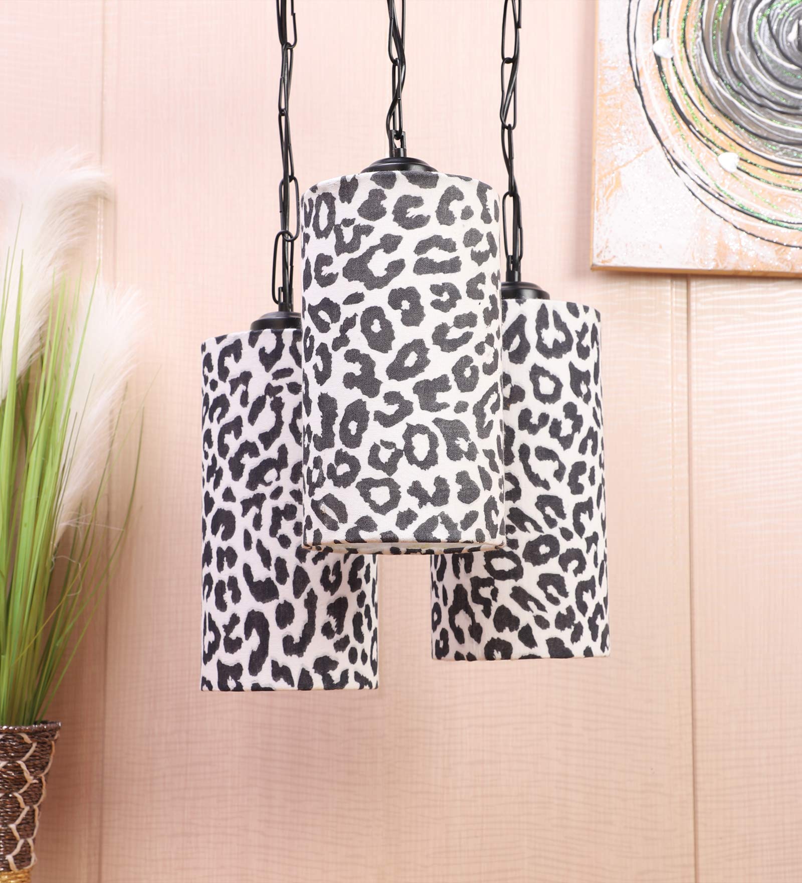 tu casa Pendant/Hanging Light Lamps Black Metal Base with Multi Leopard Cotton (Leopard Print) Shades for Home Décor, Bedrooms, Living Room, Gifting, Diwali, Dining Space, Restaurants (H-23)
