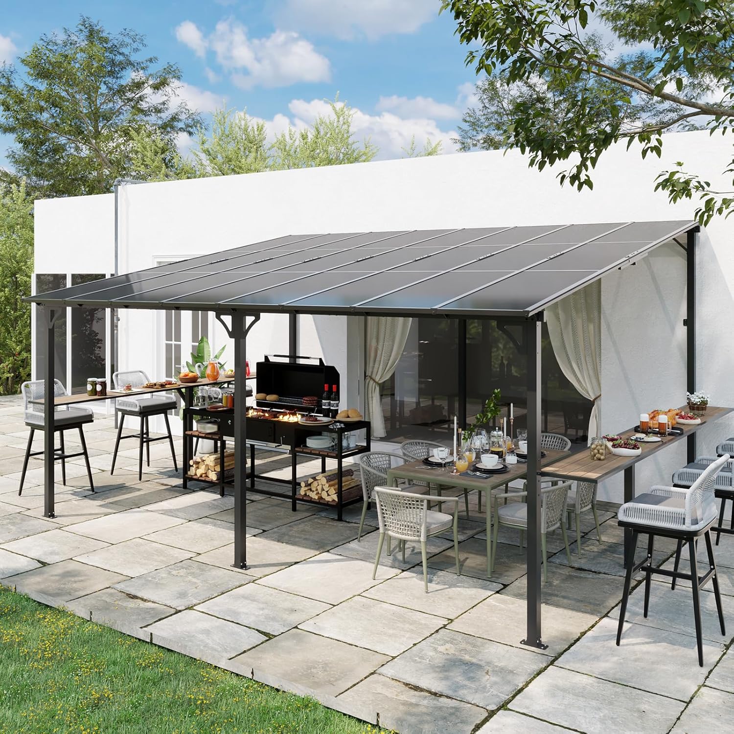 MEISSALIVVE 12' x 16' Wall Mounted Gazebo, Outdoor BBQ Grill Gazebo with Side Shelf, Lean to Metal Awnings with Sloped Roof, Heavy Duty Pergola for Backyard, Deck, Black