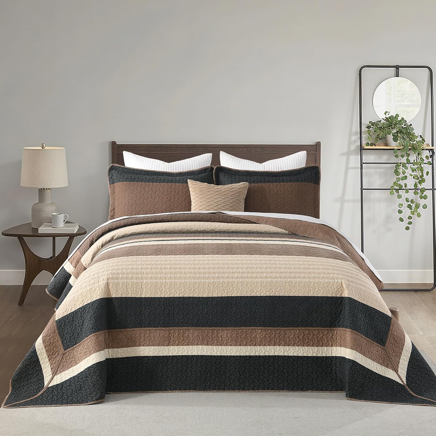 Finlonte Bedspread Queen Size 100% Cotton Oversized Queen Size Bedspreads Charcoal Brown Beige Quilted Bed Spread Striped Farmhouse Lightweight Soft Bedding Sets for All Season, 3 Piece