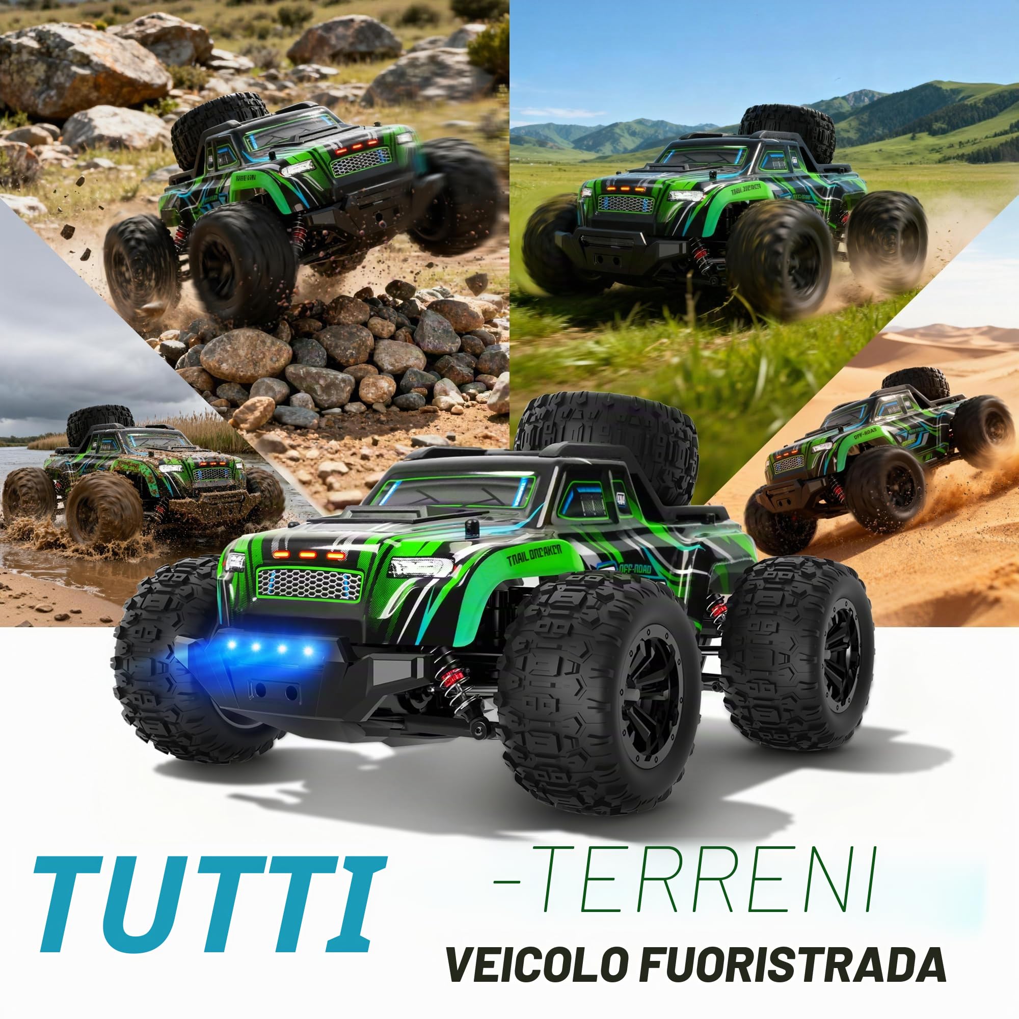 BAZADER Macchina Telecomandata Auto Telecomandate - 1:16 Macchina Radiocomandata con luci RGB respiranti 40 Km/H 4WD 2 Batterie - 2,4 Ghz Giocattolo Per Tutti I Terreni Auto Veloci Ricaricabili