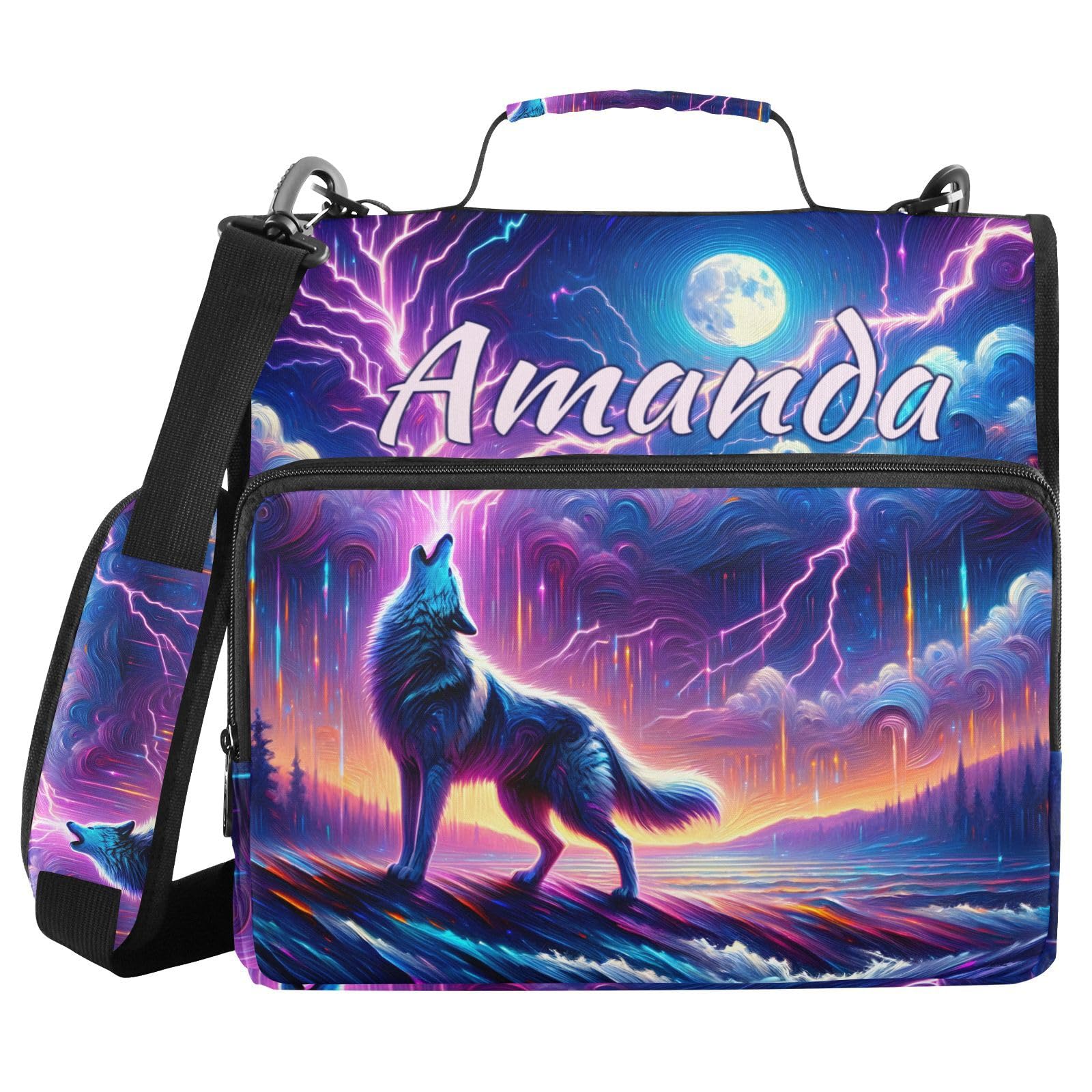 Custom 3 Ring Zipper Binder Galaxy Forest Wolves Personalized Name 1.5 inch Binders Large Capacity Multi Pockets for School Office Supplies