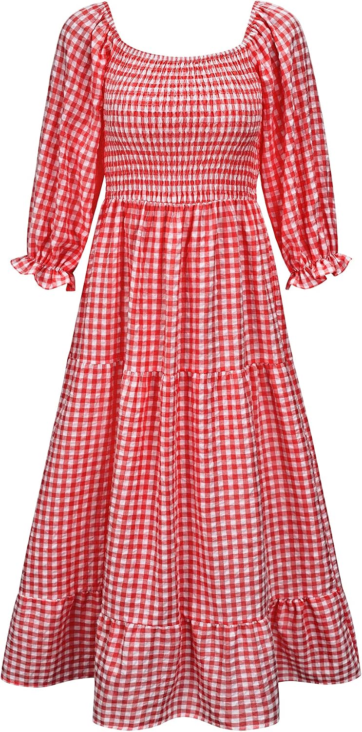 UIMLK Women's Boho Flowy Cottagecore Puff Sleeve Off The Shoulder Summer Casual Plaid Ruffle Midi Long Dress