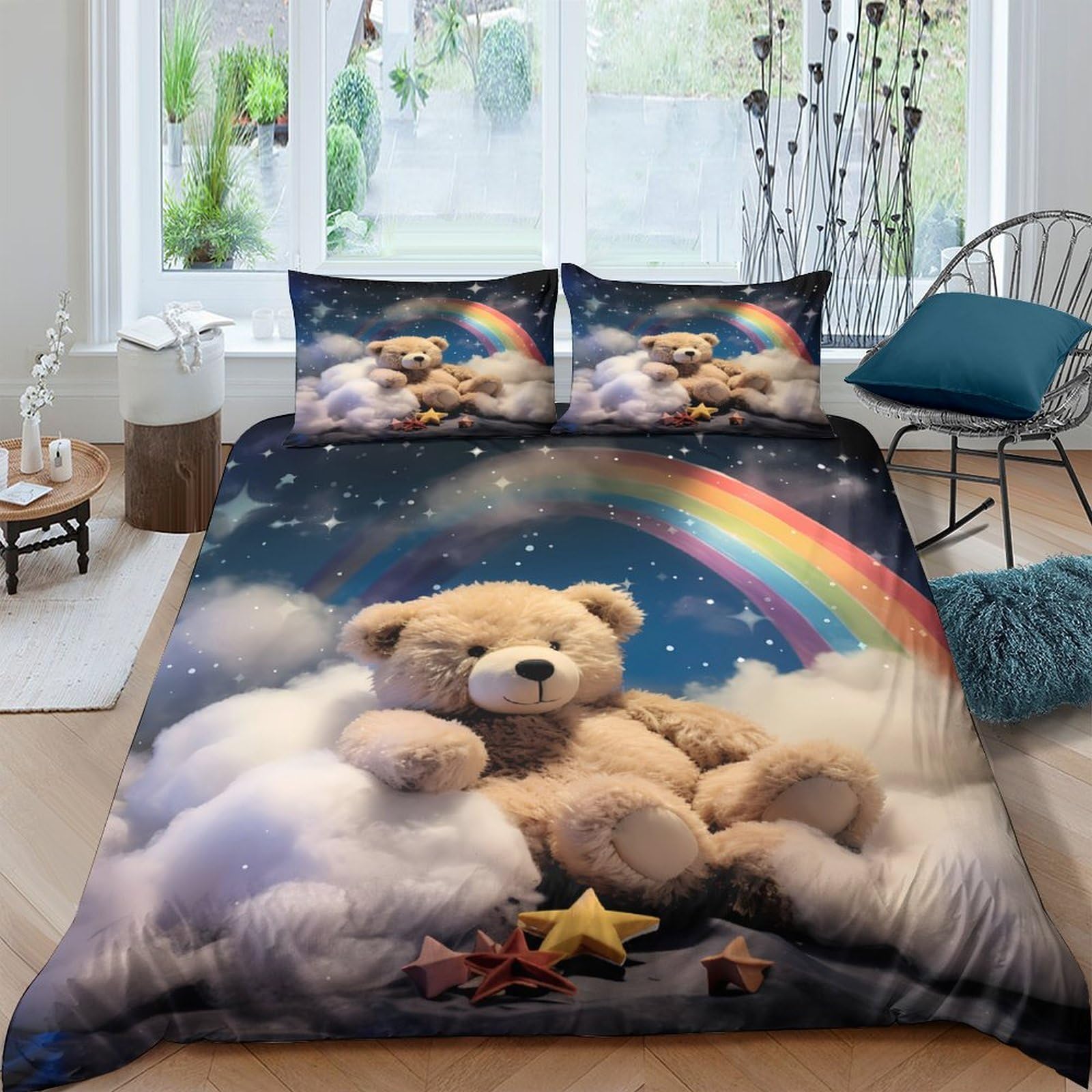 Ctjqhvkz Style-6 3D Printed Teddy Bear Rainbow Fitted Sheet Microfiber Soft Colourful Clouds Bed Cover For Bedroom Dorm Mattress Protection Decor Single（135X200cm）