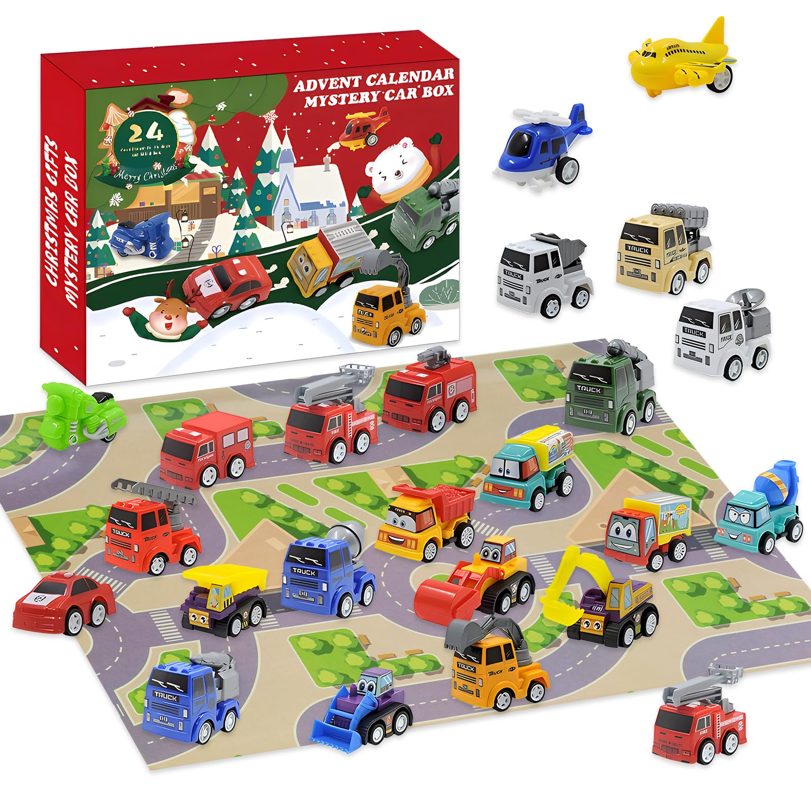 TOPWAYS Advent Calendar 2023 for Kids, 24pcs of Premium Alloy Toy Cars, Boys & Girls Advent Calendar Toys Gift, Engineering Vehicles,Racing & aircraft - Perfect Holiday Surprise Gift
