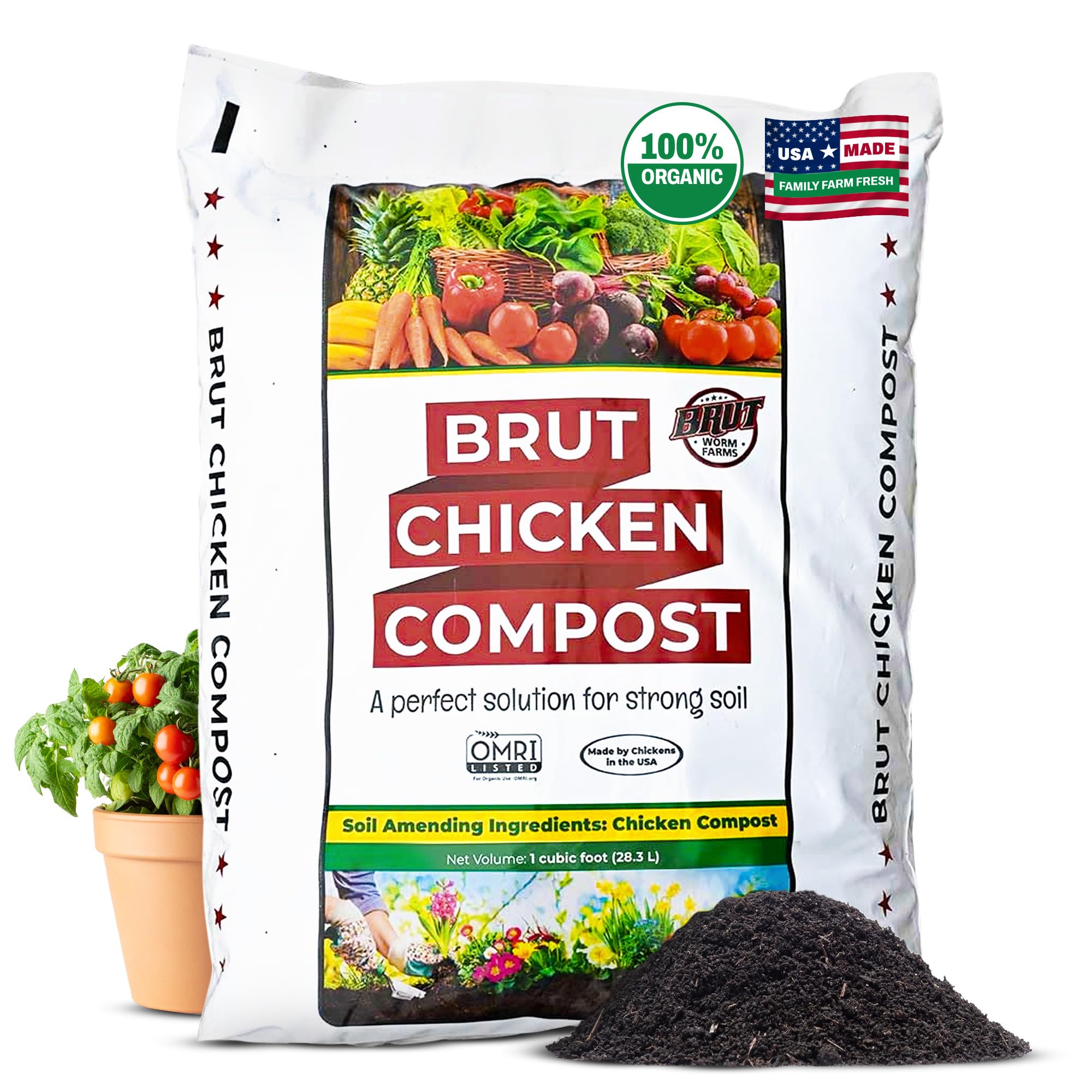 Brut Chicken Compost – Nutrient-Rich 100% Composted Chicken Manure Soil Amendment – Safe, Pure Organic Compost – Additive-Free Soil Fertilizer for Vegetable Gardens, Flowers, Indoor Plants – 1CubicFt