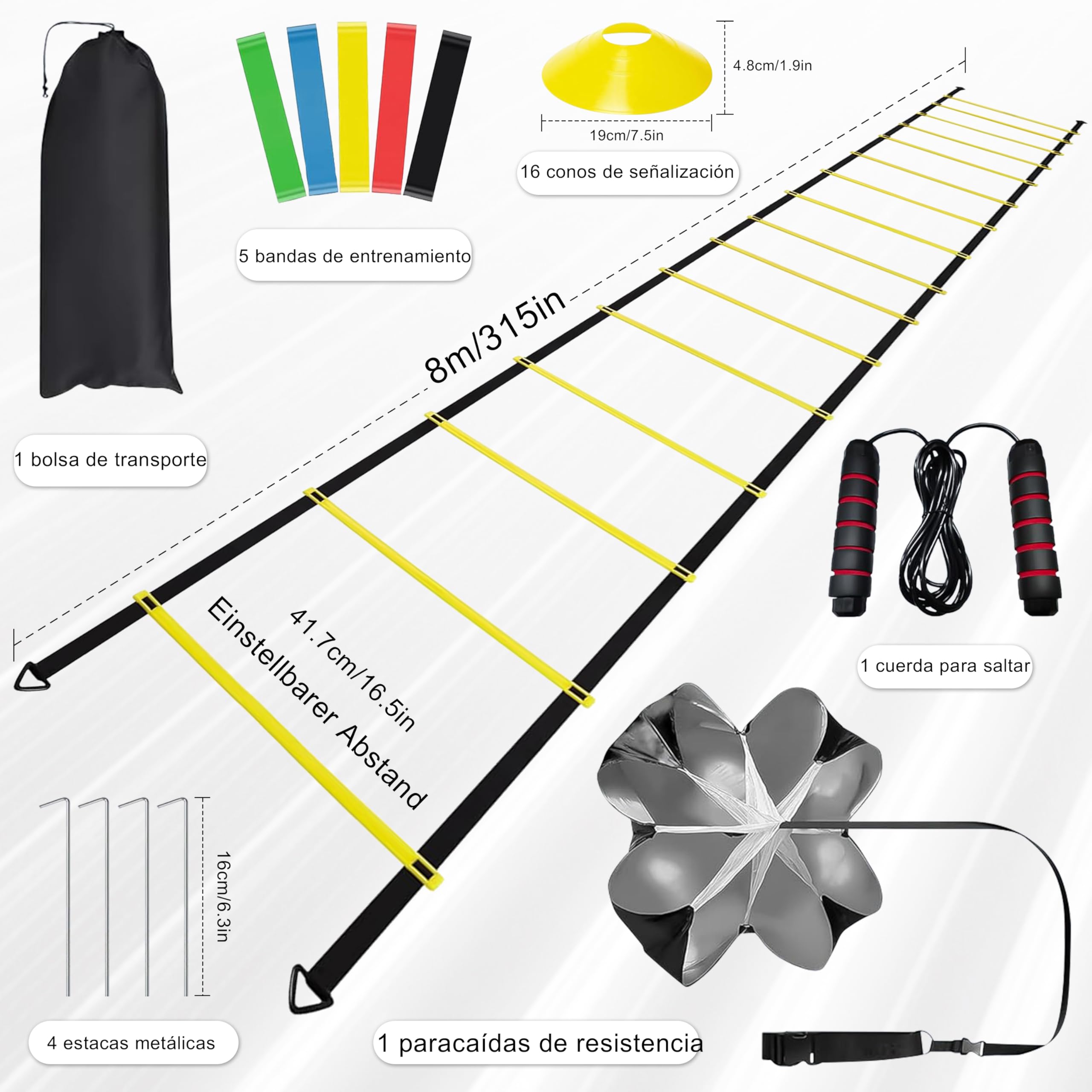 Kit Entrenamiento Fútbol con Escalera 8m, 16 Conos, 5 Bandas Resistentes, Comba y Paracaídas para Agilidad y Reacción