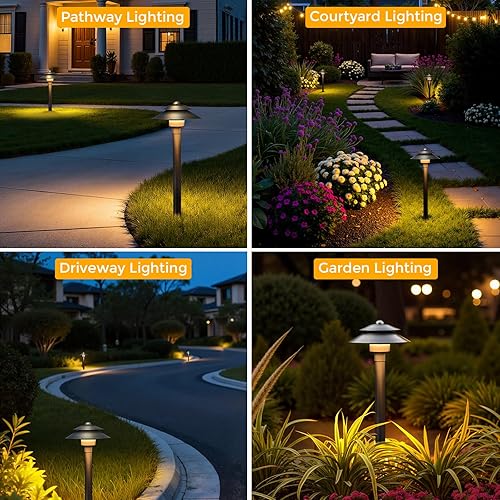 Miniatura 7 de Gardencoin Luces de camino de paisaje de latón macizo de bajo voltaje (6 pulgadas de sombra de 2 niveles, 19 pulgadas de alto), 12 V CACC LED de