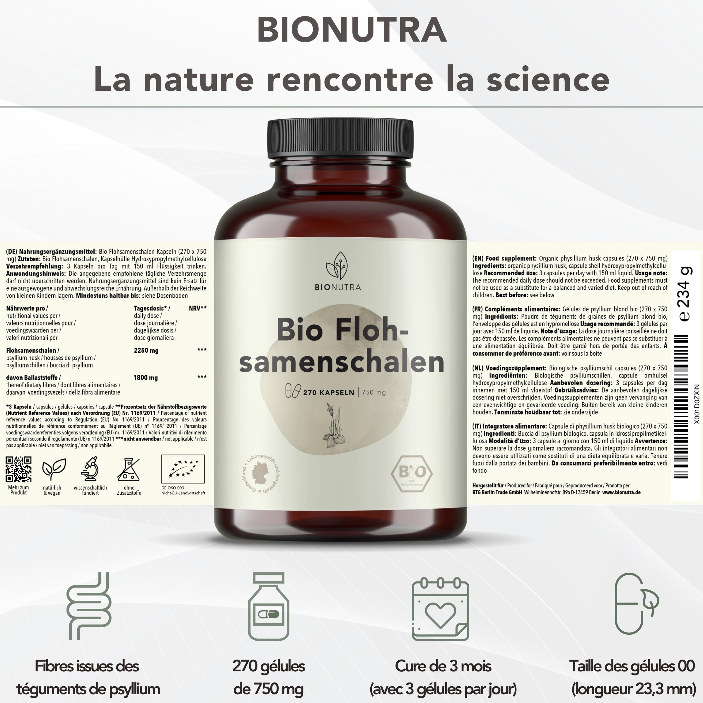 BIONUTRA® Gélules de psyllium bio hautement dosées 2250 mg/jour, 1800 mg fibres, contrôlées résidus, fabrication allemande, véganes, sans additifs, 270 pièces x 750 mg