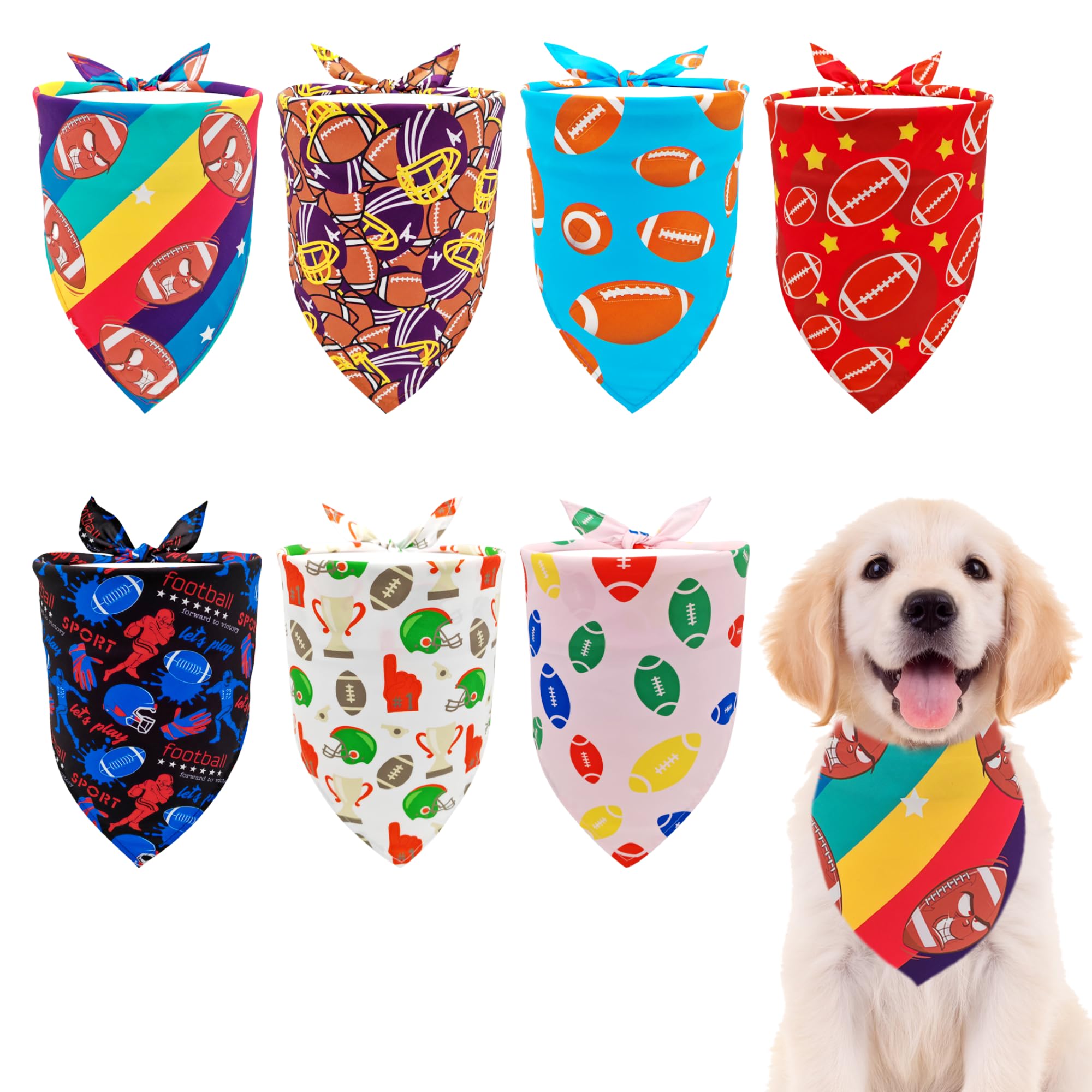 Pai Sence 7 PCS Medium Football Dog Bandanas Hemming Seam Edge Dog Bandana for Small Dogs Print One Side Large Cats Scarfs Game Day Grooming M