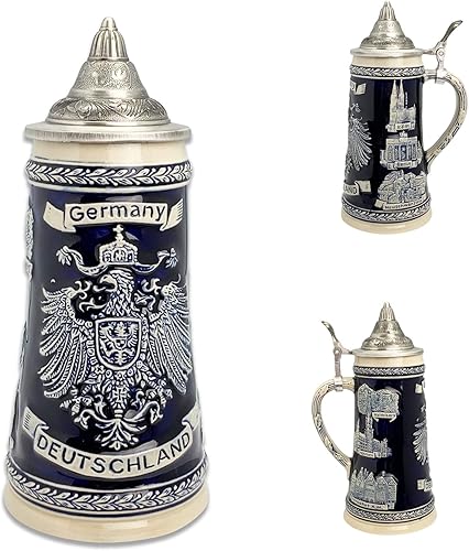Miniatura 4 de 0.7 Litro  OktoberfestHaus Deutschland Alemán Adler (Eagle) Cerveza Stein Tankard Azul Cobalto Grabado Ciudades de Alemania con tapa Jarra de