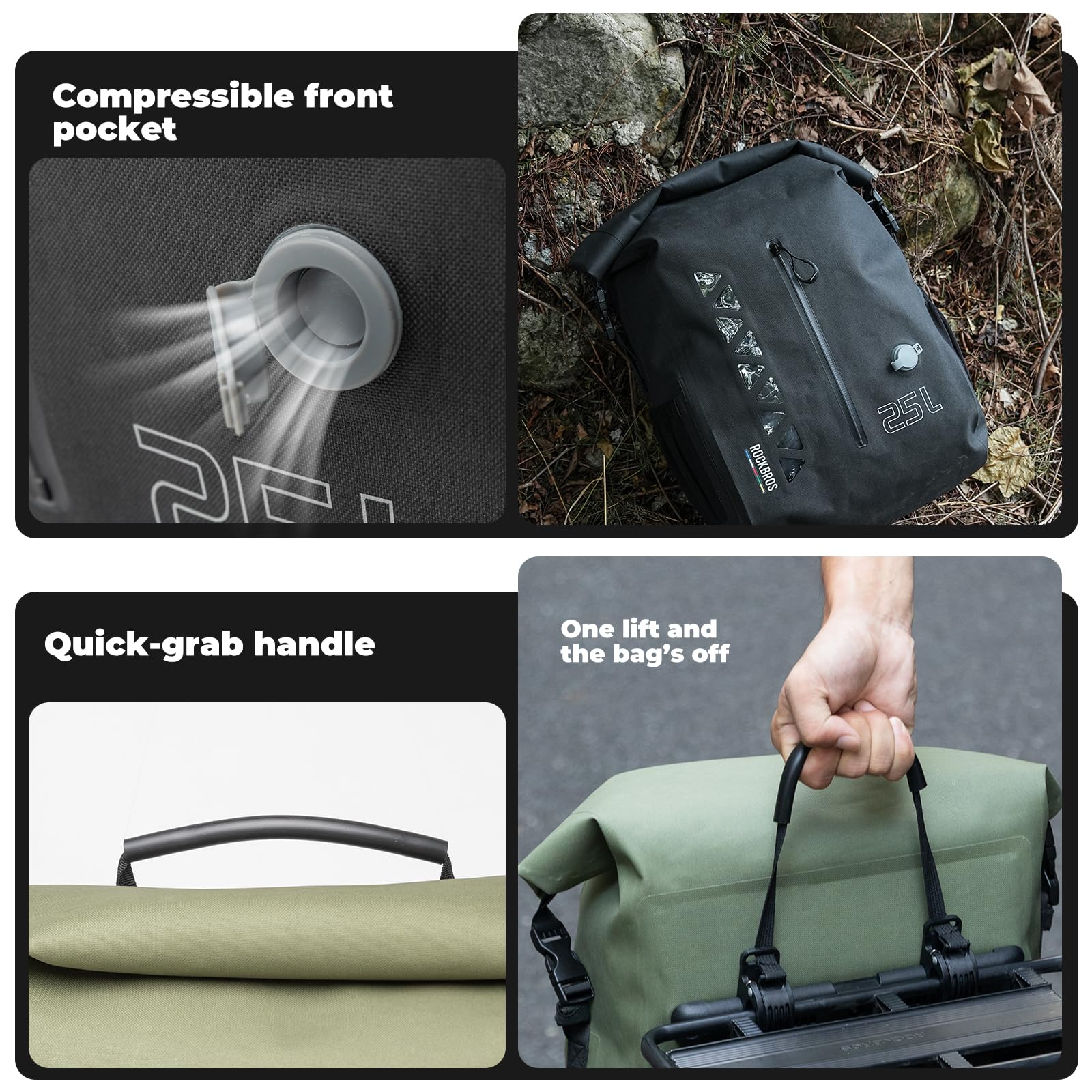 ROCKBROS Road to Sky Borsa Portapacchi Bici 25L Impermeabile | Aggancio Rapido e Stabile, per MTB, Bici da Strada e Trekking, Ideale per Bikepacking e Uso Quotidiano, Verde