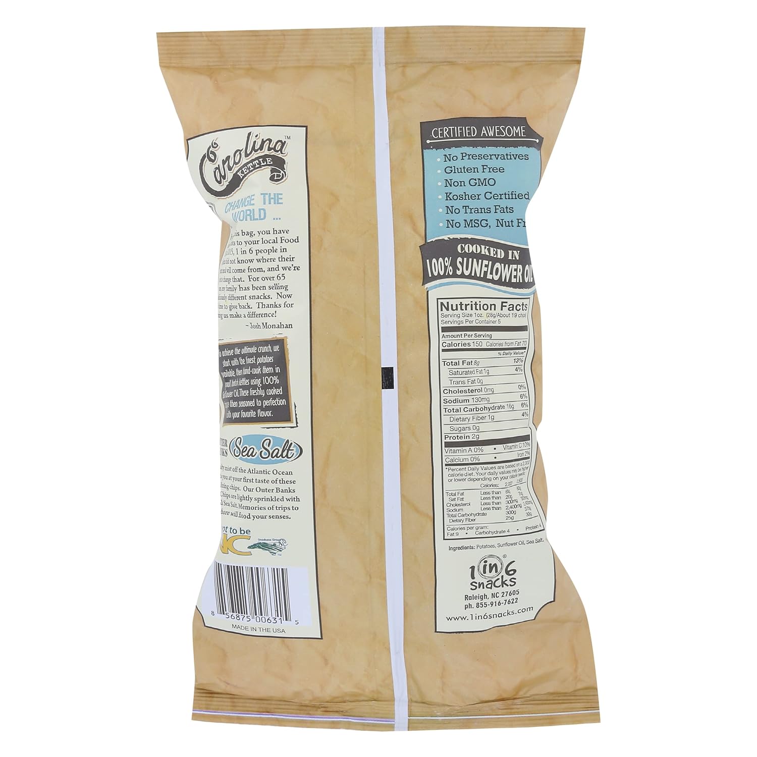 Buy Carolina Kettle Kettle Cooked Potato Chips, Outer Banks Sea Salt, 5