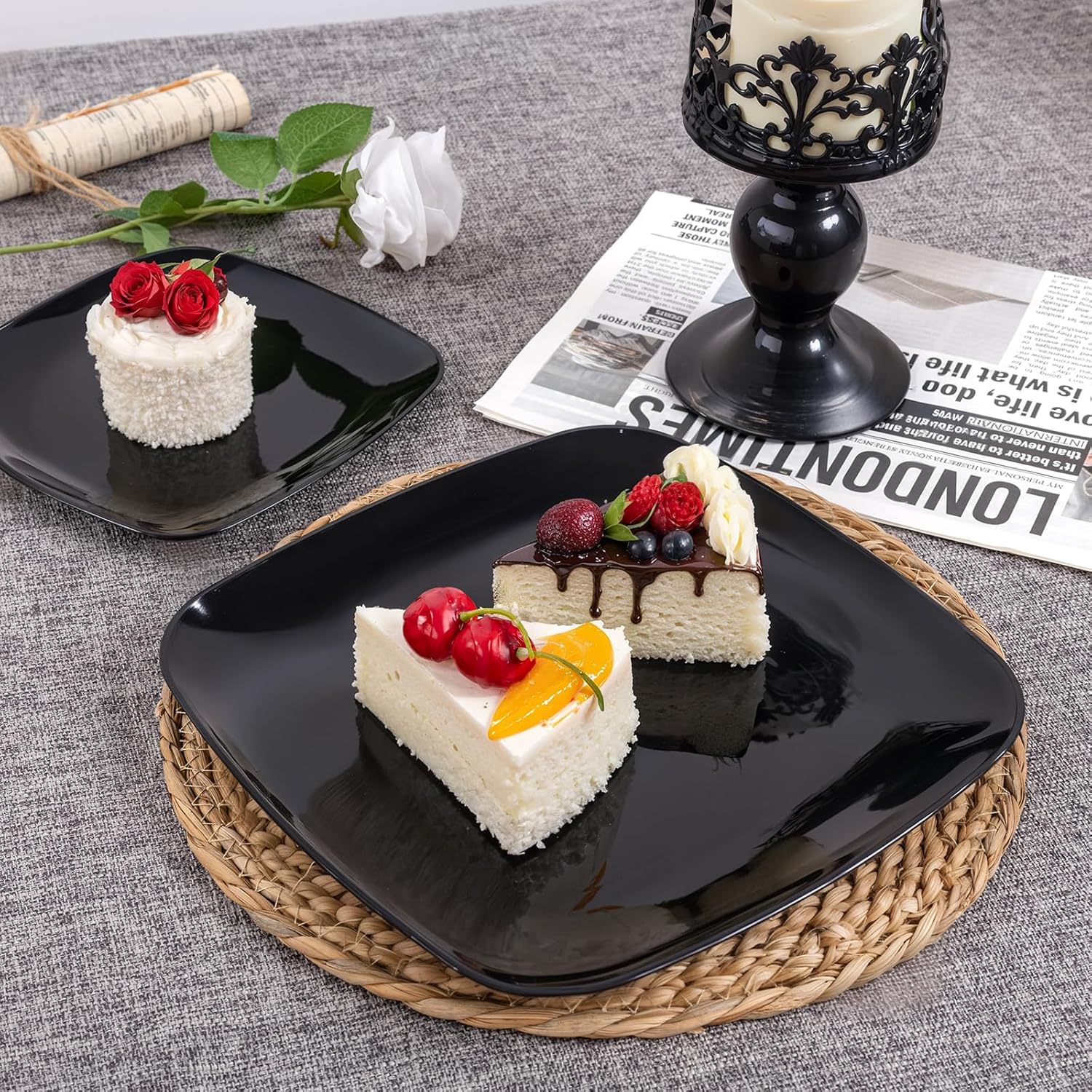 PULOTE 100 PCS Black Square Plastic Plates Disposable - Include 50 Each (10" Dinner & 7.25" Dessert) Plates - Ideal for Party & Halloween - Image 9