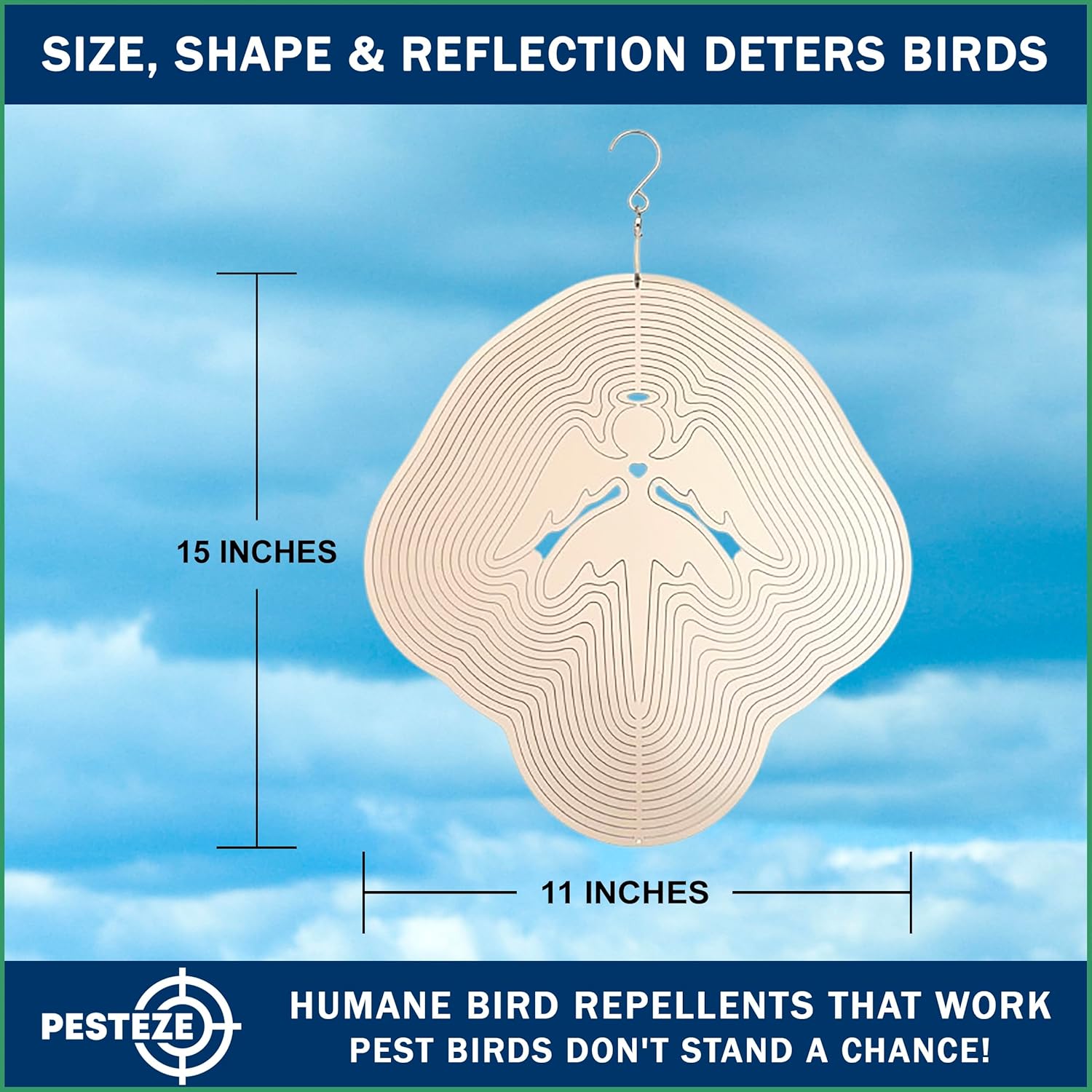 PESTEZE USA Premium Large Angel Stainless Steel Wind Spinner 11x15’’ Reflective Outdoor Hanging Garden Decoration for Yard, Porch & Patio, 3D Metal Ornament Spins Beautifully to Repel Bird & Add Charm