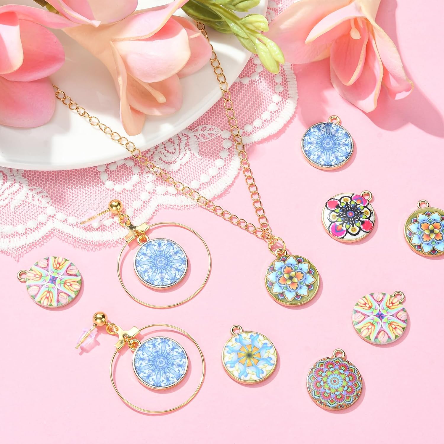 40Pcs Mandala Flower Charms Flat Round Mandala Design Pendants Alloy Colorful Pendants Charms for Jewelry Bracelets Necklace Earrings Making DIY Craft Supplies - Image 6