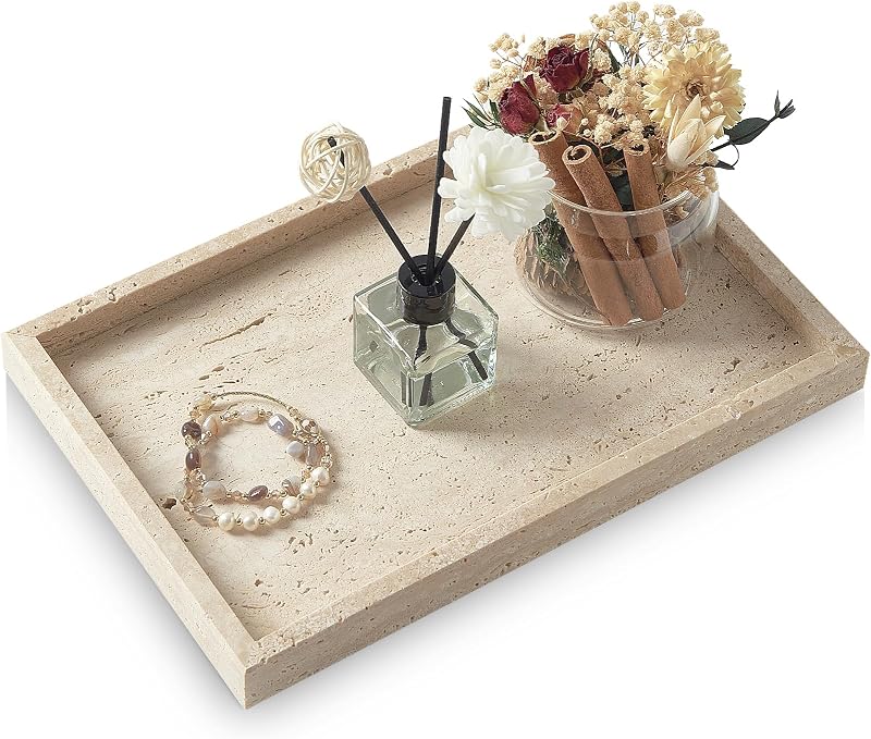 Bandeja de travertino pura natural, bandeja de banheiro não cerâmica/sem resina, bandeja decorativa de perfume para decoração de mármore 30 x 20 cm (travertino)