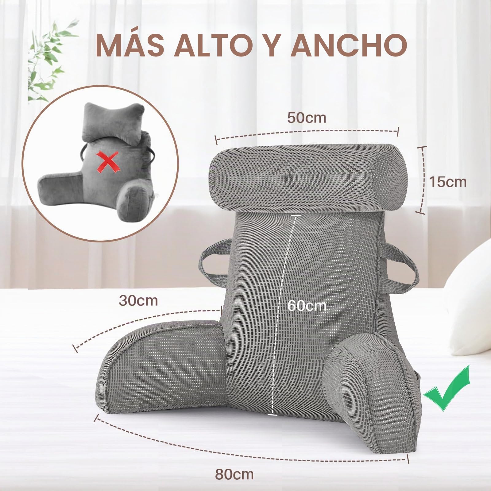 MINGPINHUIUS Cojín lumbar, cojín de lectura para cama y sofá con cojín cervical extraíble, cojín lumbar grande con apoyabrazos, ideal como soporte lumbar para leer, ver televisión, descansar, trabajar