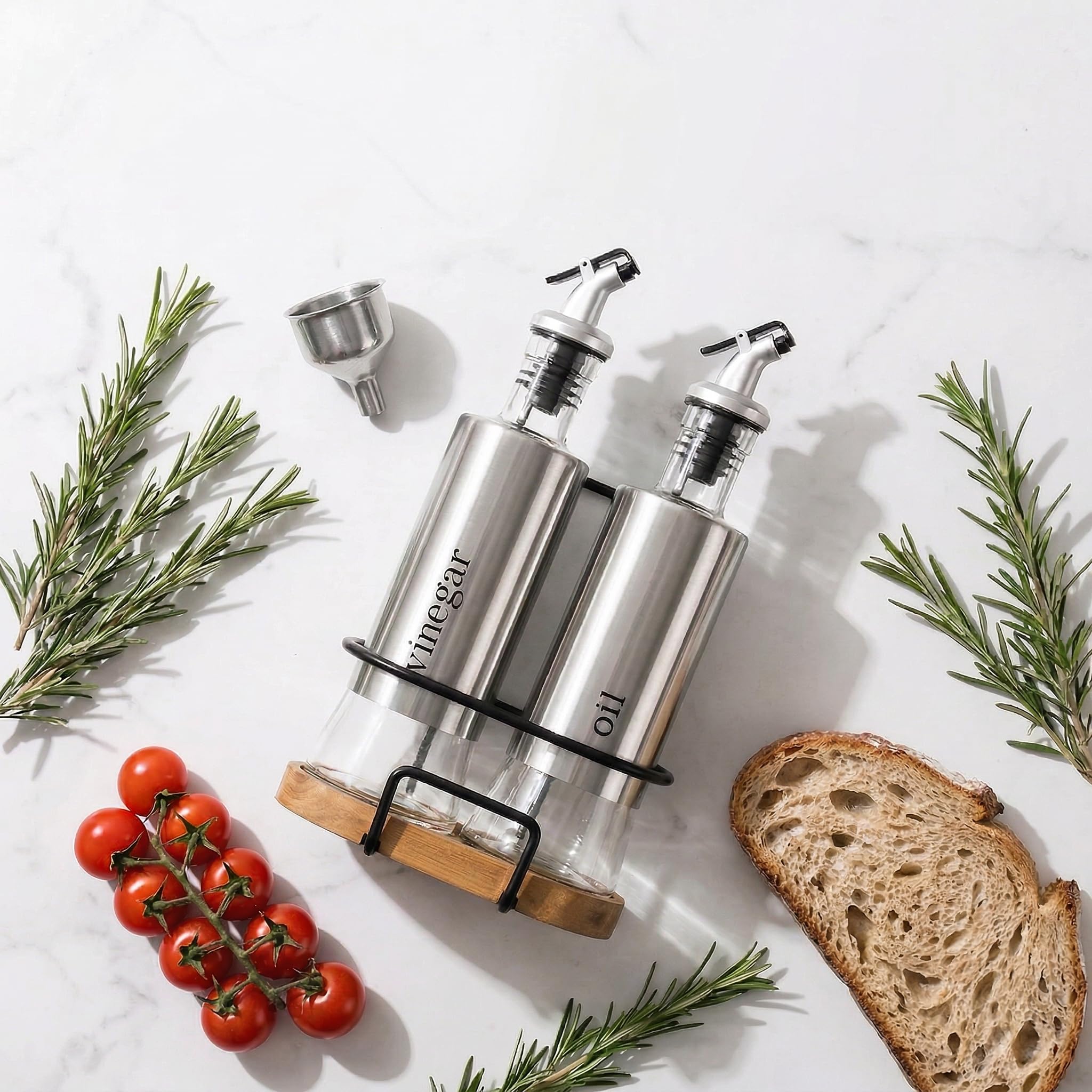 Tebery Olivenöl- und Essigflaschen-Set, 300 ml, mit Gestell und Holzboden, Glasspenderflaschen mit Ausgießern und Trichter für die Küche, 2 Stück