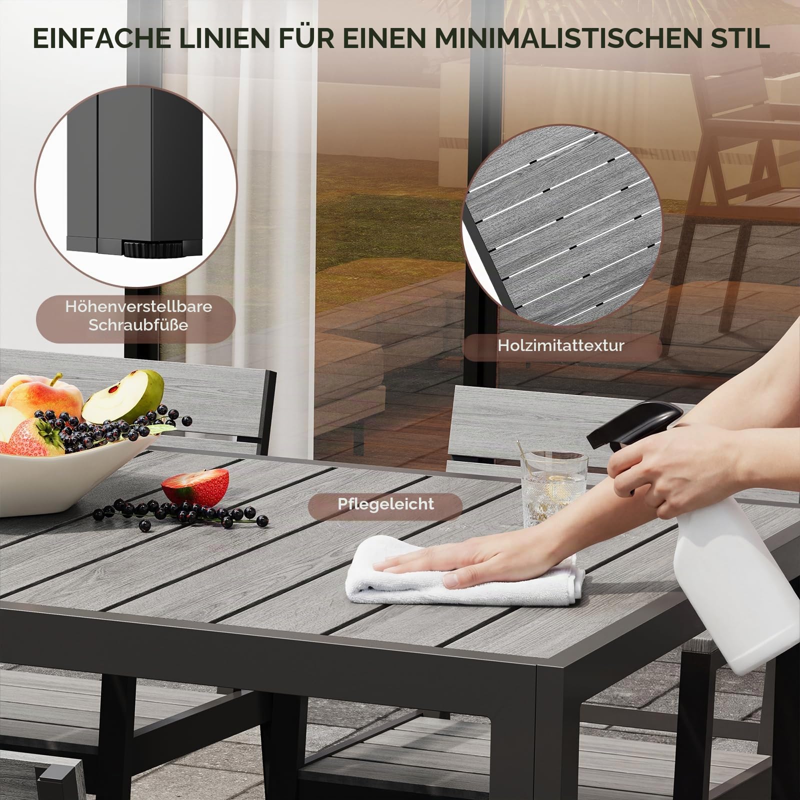 Devoko Gartenmöbel Set 8 stühle mit tischt, Hochwertiges Gartenset Tisch und stühle in Holzoptik, Balcony Furniture alu, Gartengarnitur wetterfest, rostfrei, leicht und langlebig, Dunkelgrau.