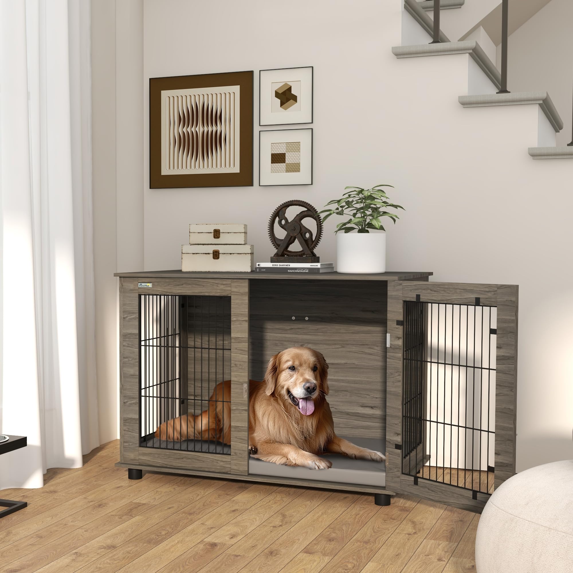PawHut Cage pour Chien intérieur Table d'appoint 100 x 60 x 73,5 cm Niche pour Chiens jusqu'à 30 kg avec Coussin déhoussable Porte verrouillable Gris