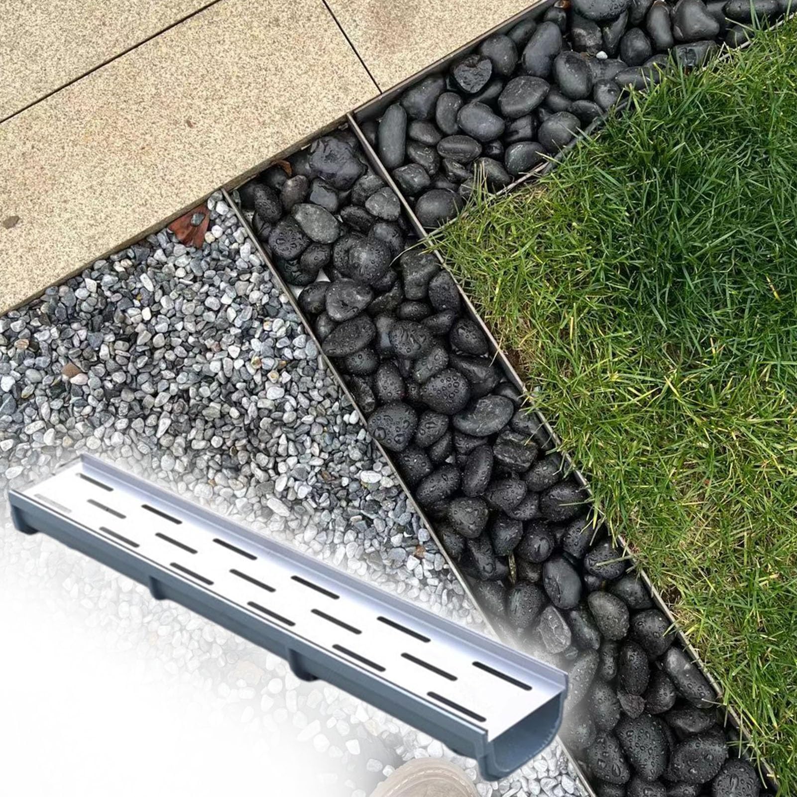 Caniveau Exterieur Caniveaux de Drainage pour Les Allées de Cour, 10x10/15x15/20x20 Cm Kit de Drain Français/Couvercle de Grille de Drainage pour Le Remplissage de Cailloux, Auge de Fossé Extérieure(