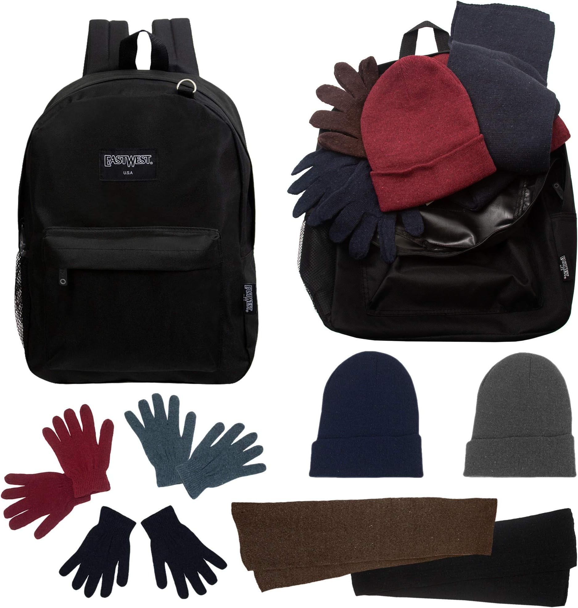 Bulk Case of 12 Backpacks and 12 Winter Item Sets - Wholesale Care Package - Emergencies, Homeless, Charity