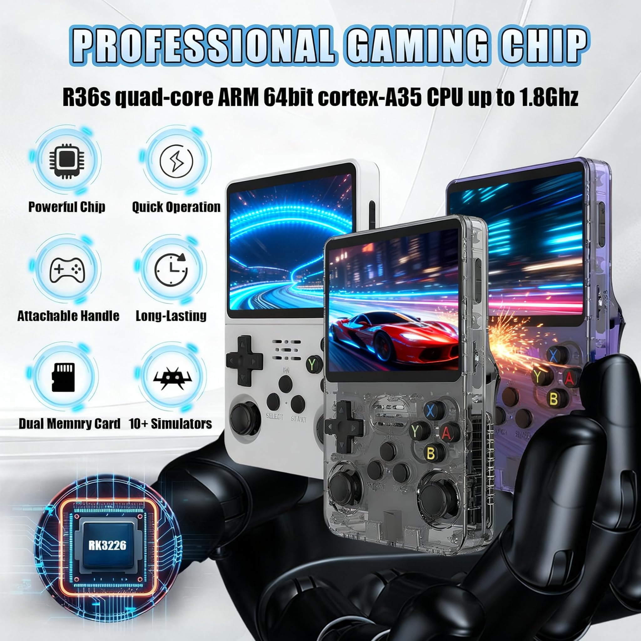 Console di gioco retrò R36S, schermo IPS da 3,5", 128 GB, oltre 20.000 giochi preinstallati, sistema open source basato su Linux/ArkOS, doppio joystick, batteria da 3500 mAh, versione trasparente nera