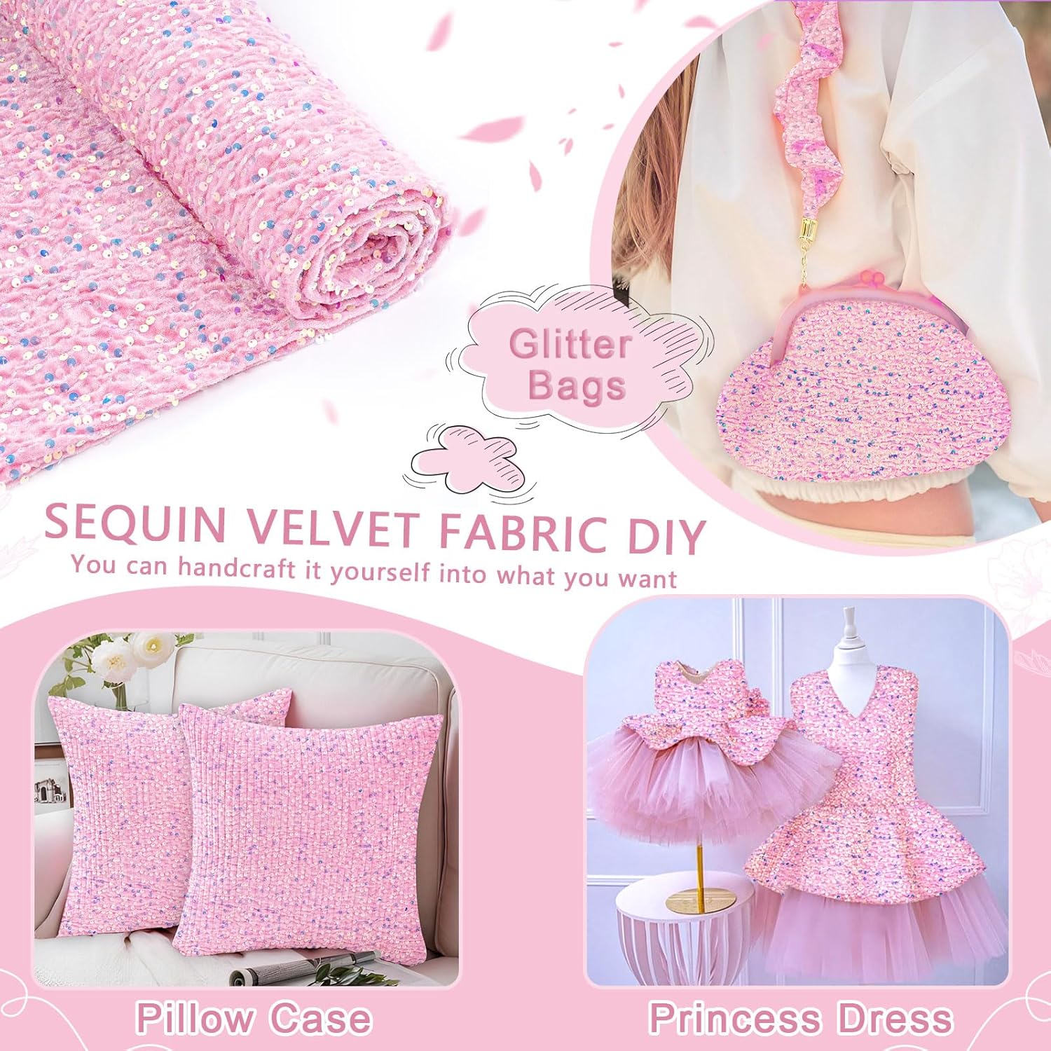 Iridescent Pink Sequin Fabric Glitter Stretch Upholstery Velvet Fabric 2 Yards by The Yard Soft Material for Sewing Wedding Party Costumes Dress Making Prom Dress Bags