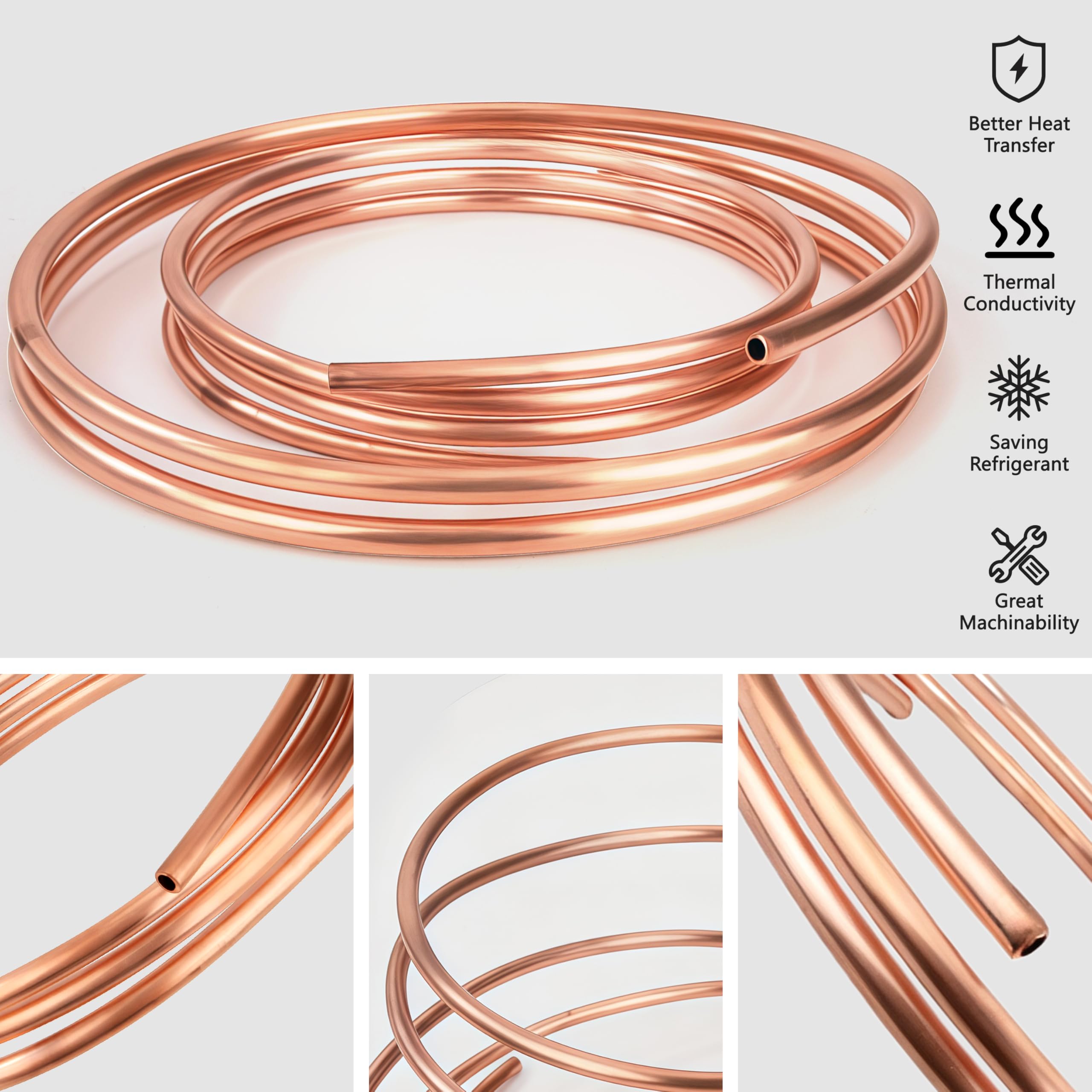 Tube en Cuivre Souple, 2m OD 8mm Tuyau Rond en Cuivre Flexible Câble à Bobine pour la Plomberie de Réfrigération, Générateurs et l'industrie