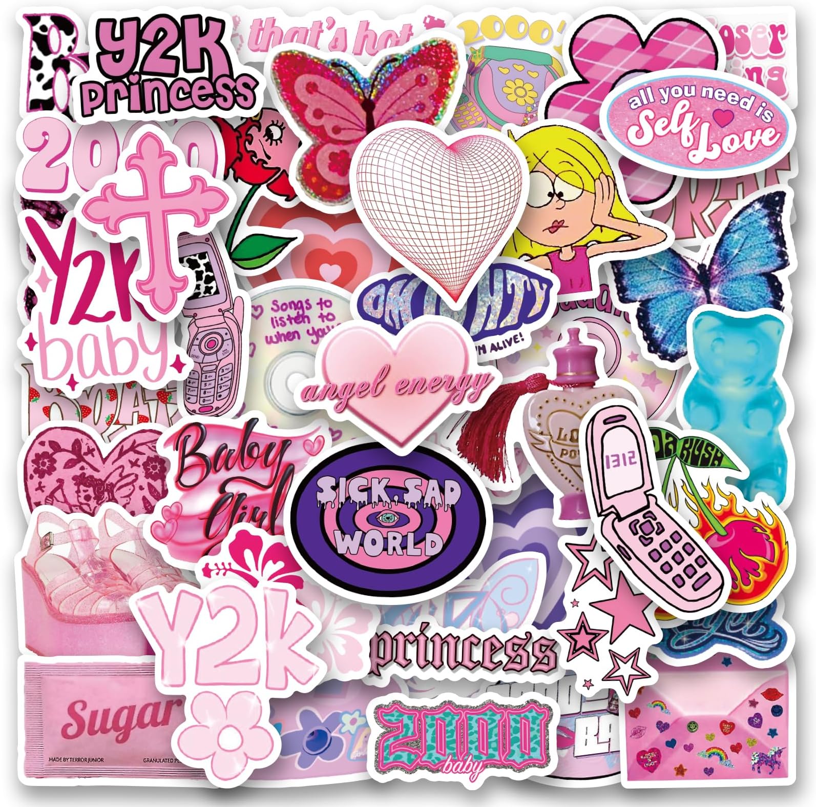 64pcs Y2k Retro Aesthetic Stickers, Cool 2000s Cartoon Cute Stickers, Vinyl Waterproof Stickers, Suitable for Computer, Guitar, Notebook, Water Bottle, Birthday Gifts for Girls, Kids, Teens
