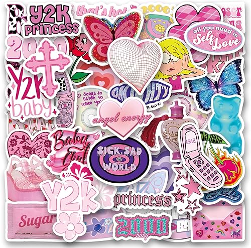 64 calcomanías estéticas retro Y2k, lindas calcomanías de dibujos animados de los años 2000, calcomanías de vinilo impermeables, adecuadas para