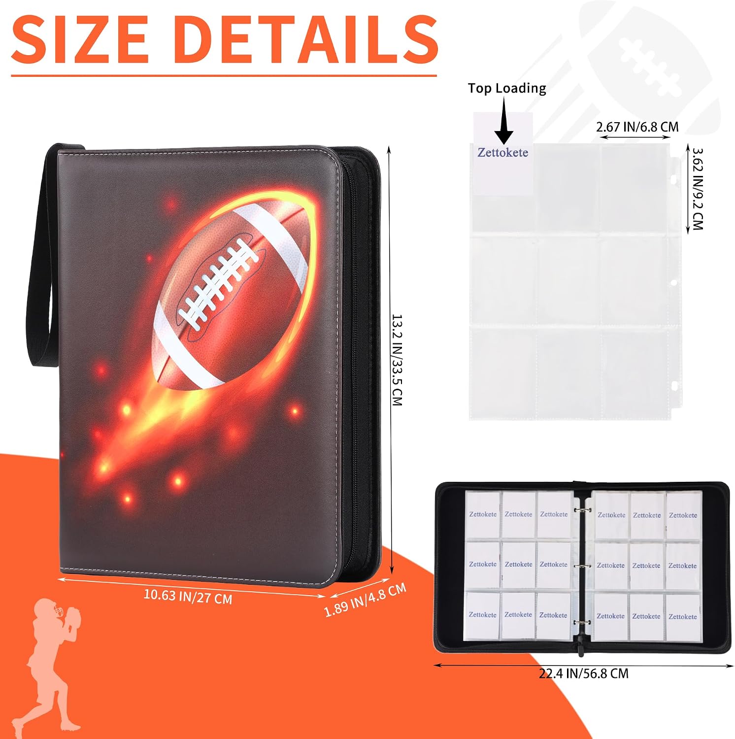 Football Card Binder 9 Pocket - Holds Up to 900 Cards, Zippered Binder with Carry Handle for Football Cards Collectors