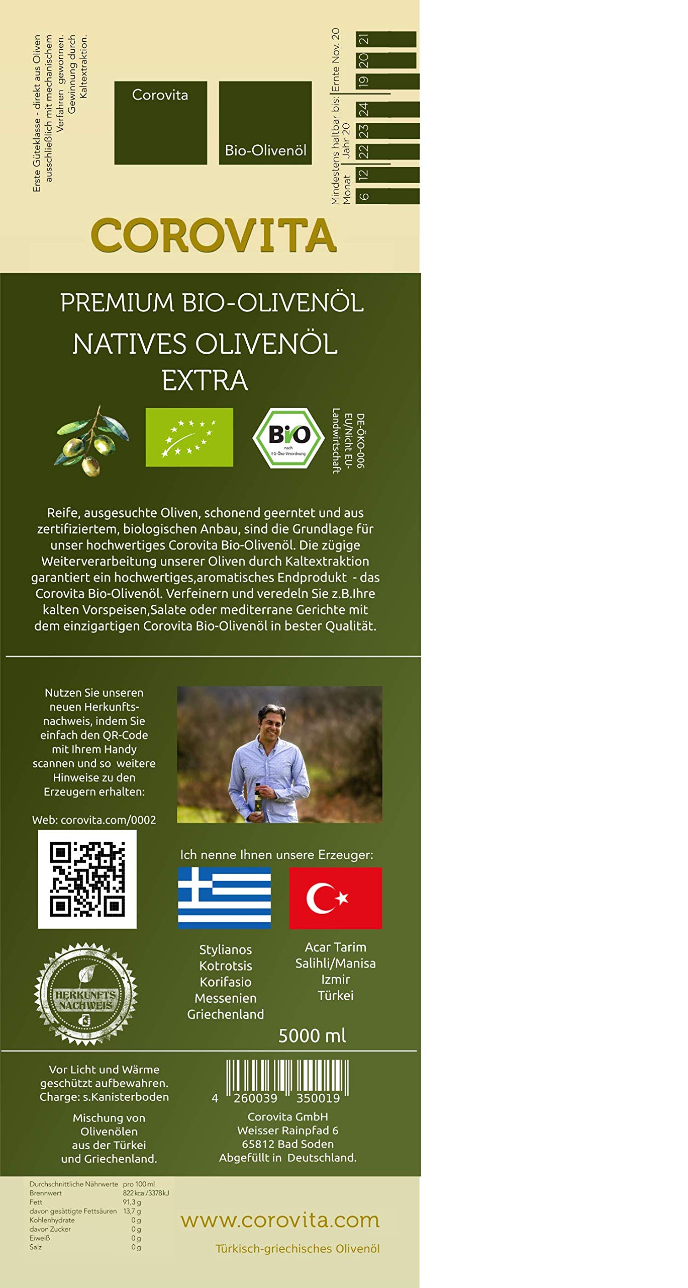 Corovita Bio-Olivenöl | Bio | natives Olivenöl extra | 5 Liter Kanister | kaltgepresst | Herkunft: Türkei/Griechenland | Erzeuger: Fam. Kotrotsis & Fam. Acar