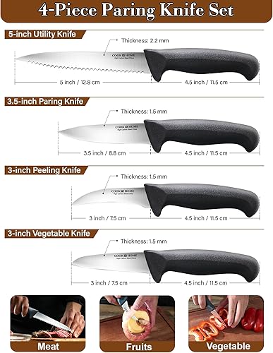 Miniatura 2 de Cook N Home Juego de cuchillos de pelar de 4 piezas, cuchillos de cocina de acero inoxidable de alto carbono, incluye utilidad, pelar, verduras,