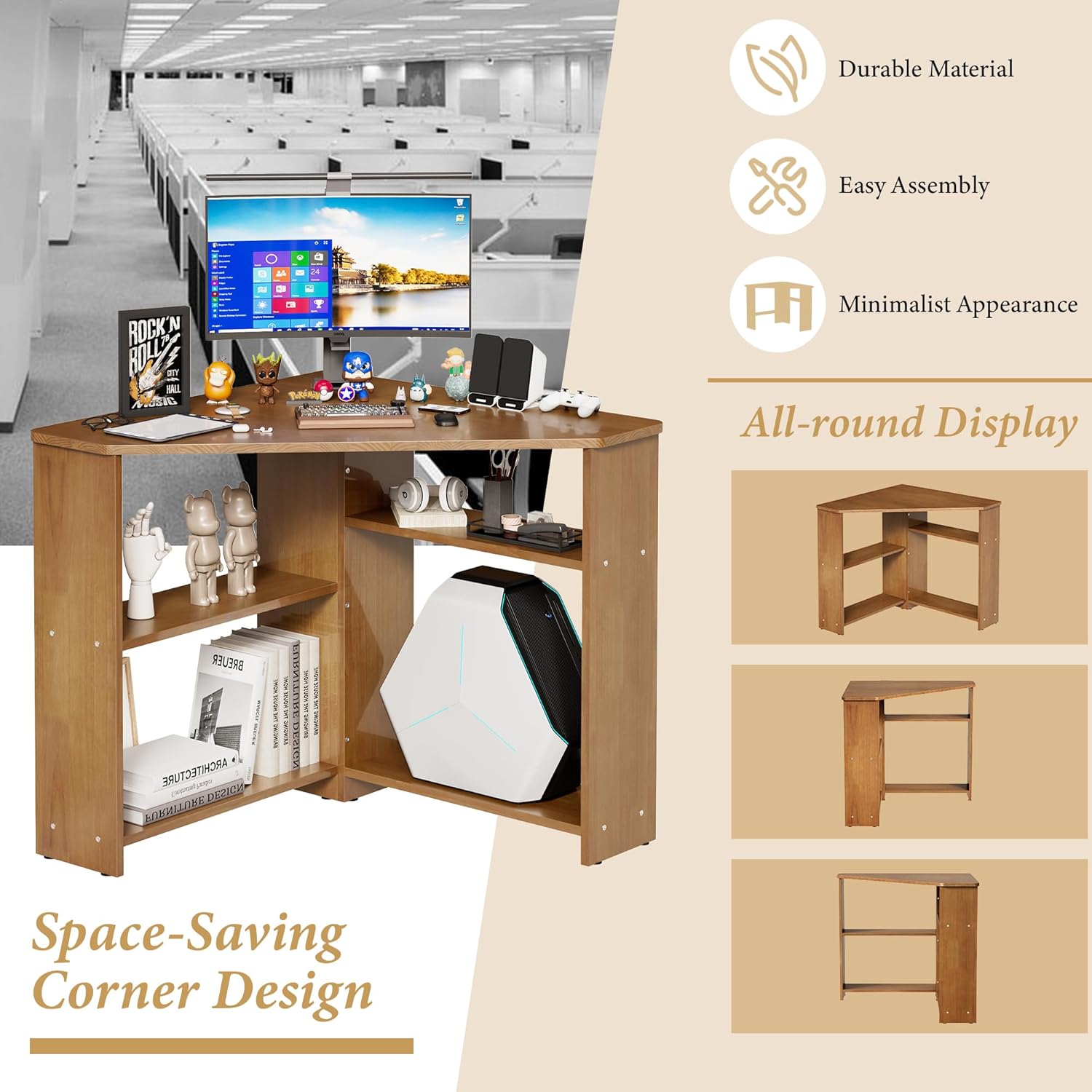 Small Corner Computer Desk with Storage - L Shaped Corner Desks for Small Space, 90 Degrees Home Office Triangle Desk with Storage Shelves, Solid Wood Writing Table for Bedroom Living Room（Walnut）