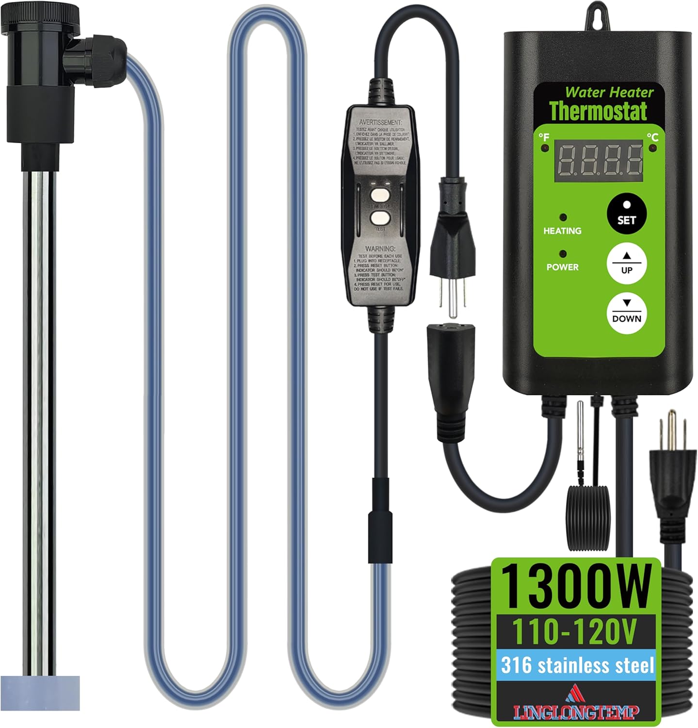 1300W Submersible Hot Tub & Pool Portable Electric immersion Water Heater with Temp Control & GFCI for Swimming Pools, Bathtubs, above ground pool, baptism pool, inflatable pool, spa tub